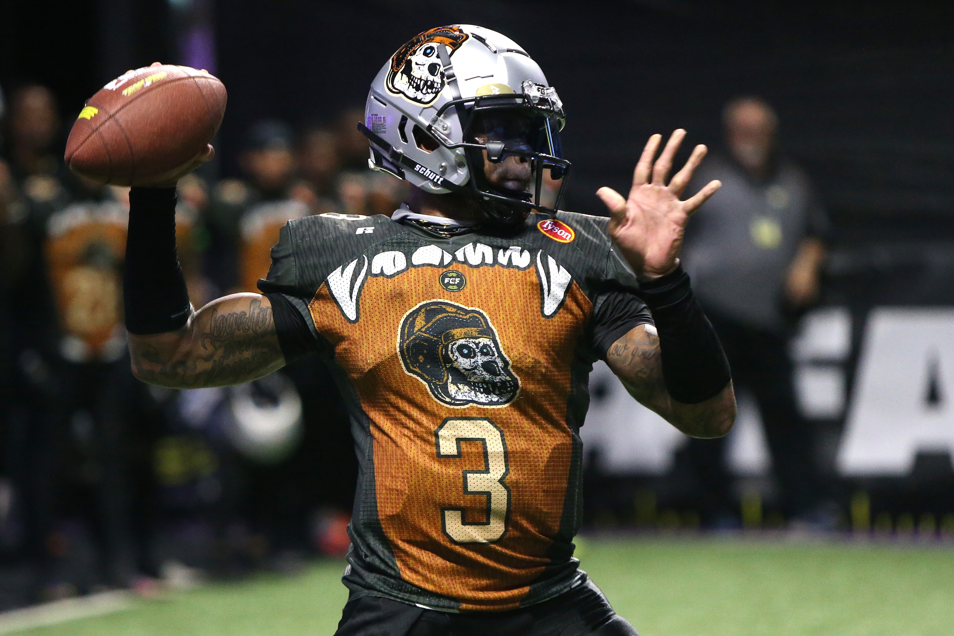 ATLANTA, GEORGIA - JUNE 04: Deondre Francois #3 of the Bored Ape FC throws a pass during the second half against the 8OKI during Fan Controlled Football Season v2.0 - Playoffs on June 04, 2022 in Atlanta, Georgia. (Photo by Brett Davis/Fan Controlled Football/Getty Images)