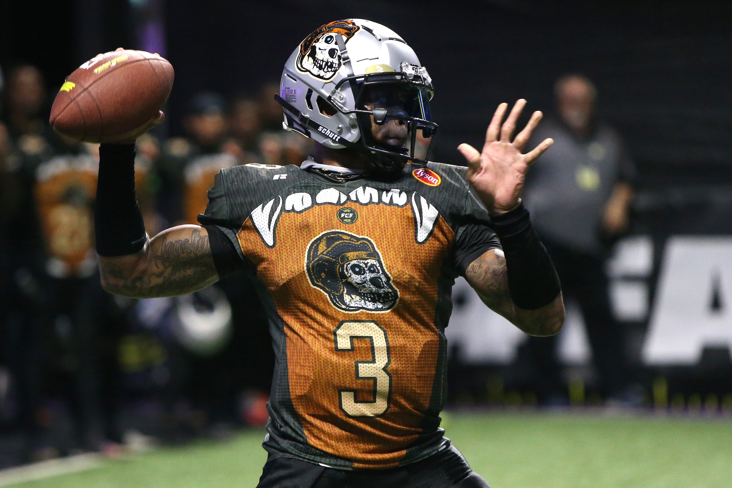 ATLANTA, GEORGIA - JUNE 04: Deondre Francois #3 of the Bored Ape FC throws a pass during the second half against the 8OKI during Fan Controlled Football Season v2.0 - Playoffs on June 04, 2022 in Atlanta, Georgia. (Photo by Brett Davis/Fan Controlled Football/Getty Images)