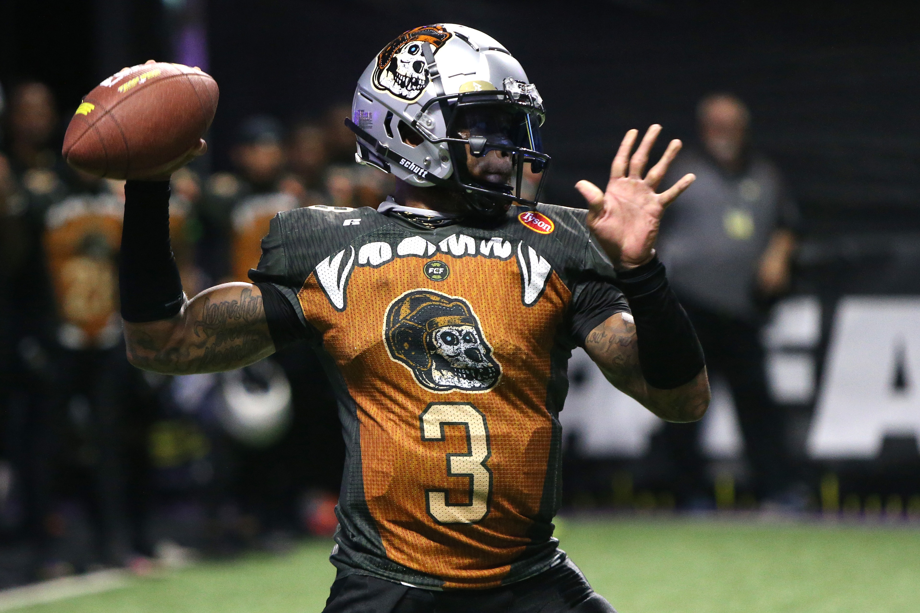 ATLANTA, GEORGIA - JUNE 04: Deondre Francois #3 of the Bored Ape FC throws a pass during the second half against the 8OKI during Fan Controlled Football Season v2.0 - Playoffs on June 04, 2022 in Atlanta, Georgia. (Photo by Brett Davis/Fan Controlled Football/Getty Images)