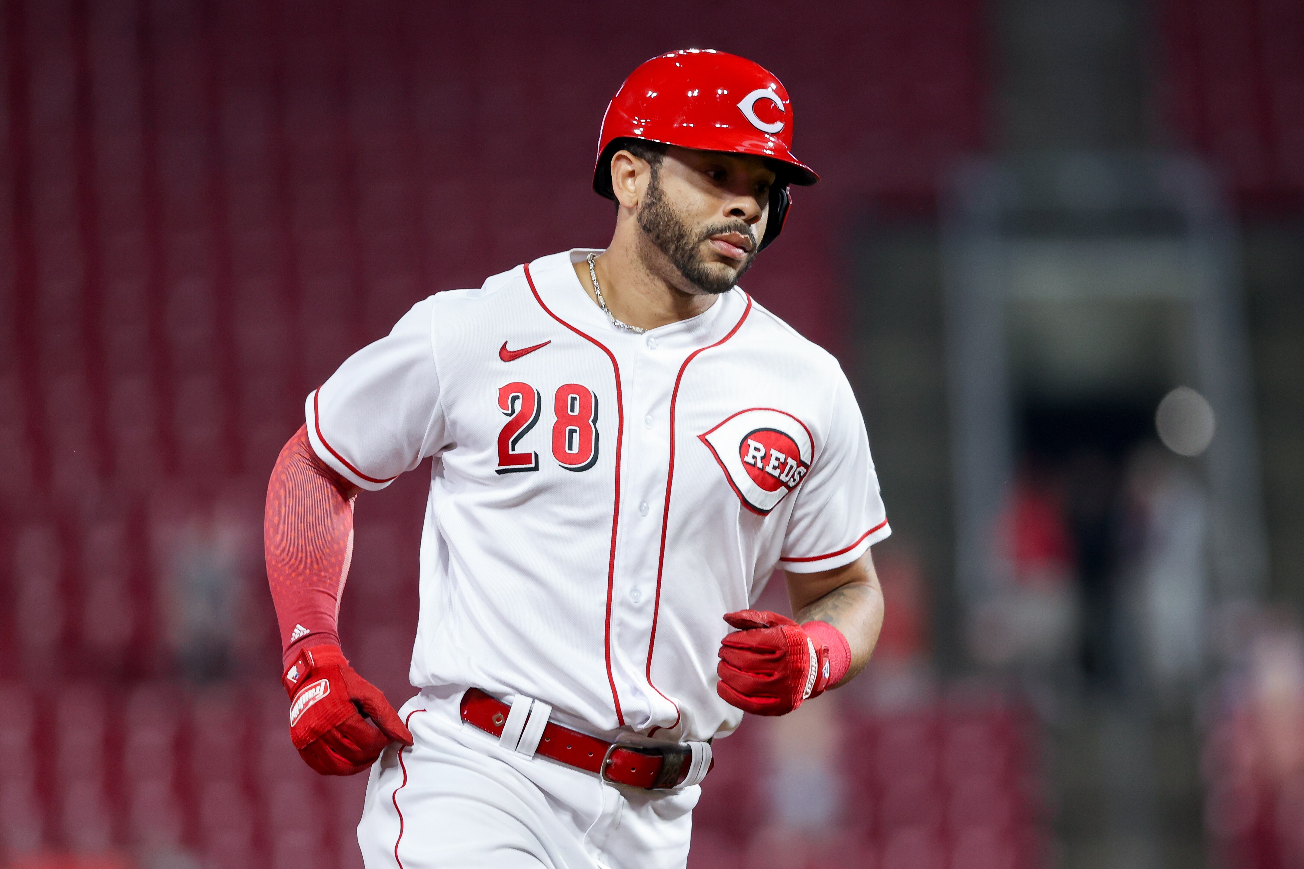 CINCINNATI, OHIO - JUNE 07: Tommy Pham #28 of the Cincinnati Reds rounds the bases after hitting a home run in the eighth inning against the Arizona Diamondbacks at Great American Ball Park on June 07, 2022 in Cincinnati, Ohio. (Photo by Dylan Buell/Getty Images)