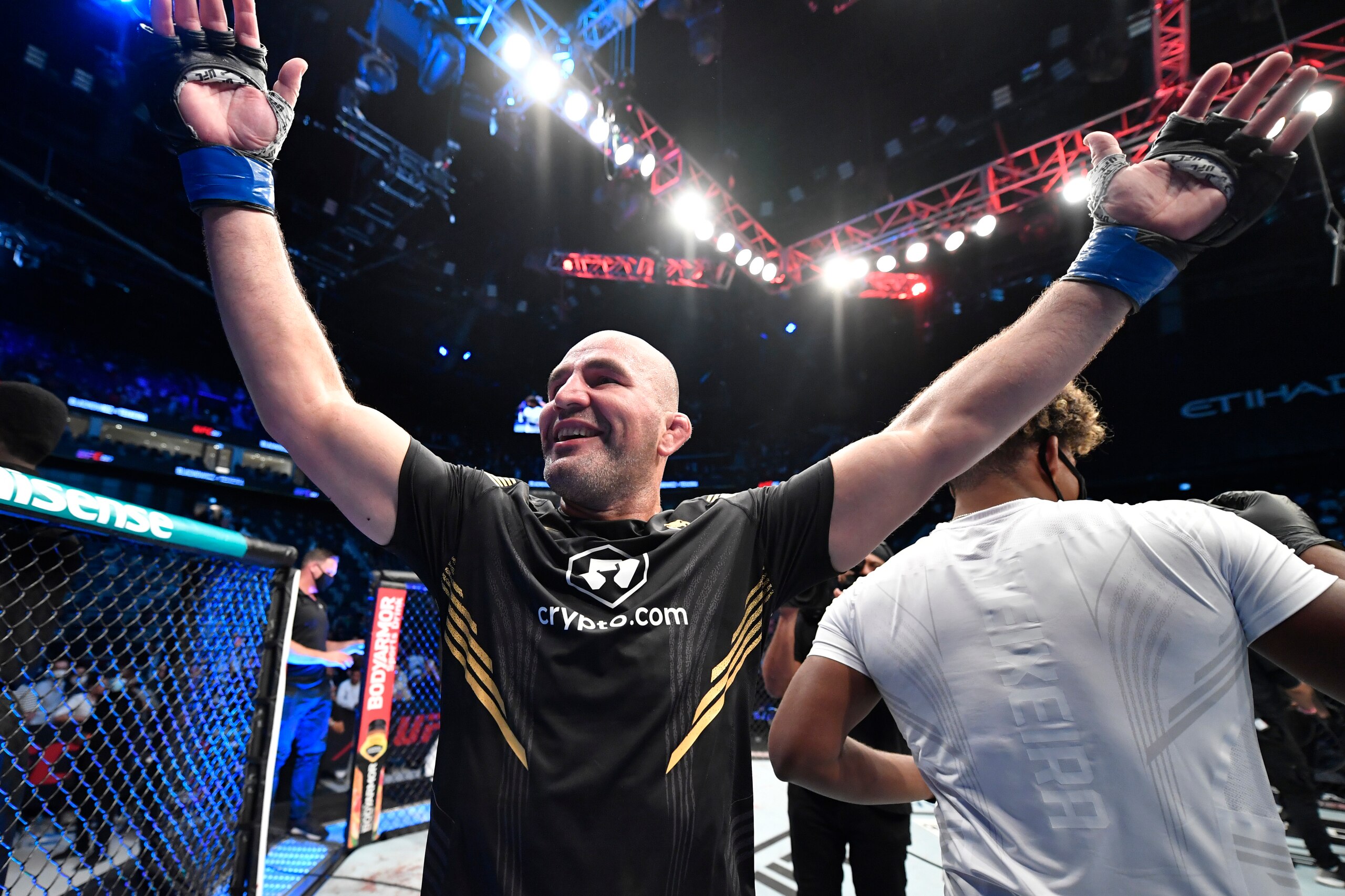 ABU DHABI, UNITED ARAB EMIRATES - OCTOBER 30: Glover Teixeira of Brazil celebrates after his victory over Jan Blachowicz of Poland in the UFC light heavyweight championship fight during the UFC 267 event at Etihad Arena on October 30, 2021 in Yas Island, Abu Dhabi, United Arab Emirates. (Photo by Chris Unger/Zuffa LLC)