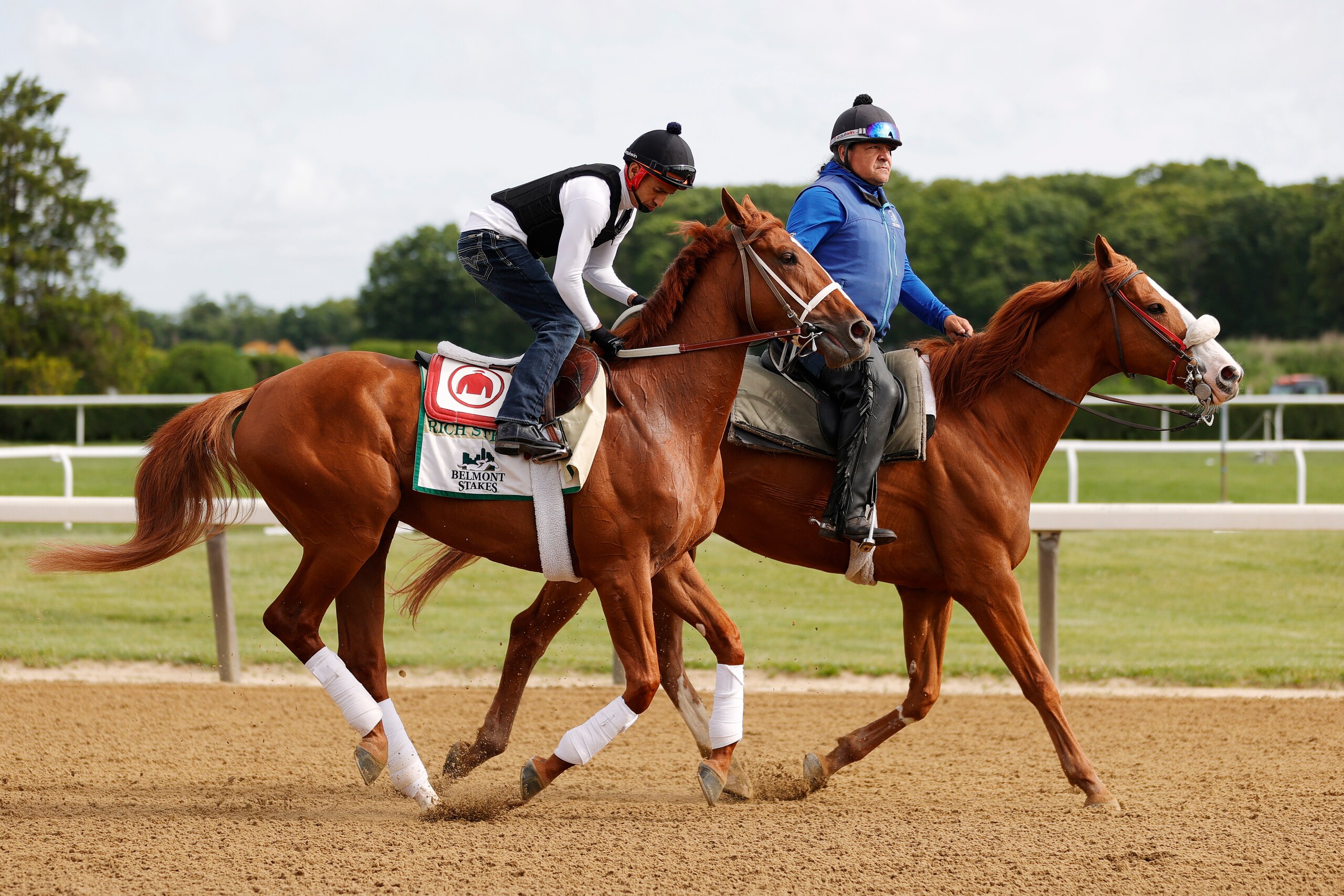 ELMONT, NEW YORK - JUNE 07:  Rich Strike and his exercise rider train on the track during a morning workout prior to the 154th running of the Belmont Stakes at Belmont Park on June 07, 2022 in Elmont, New York. (Photo by Sarah Stier/Getty Images)