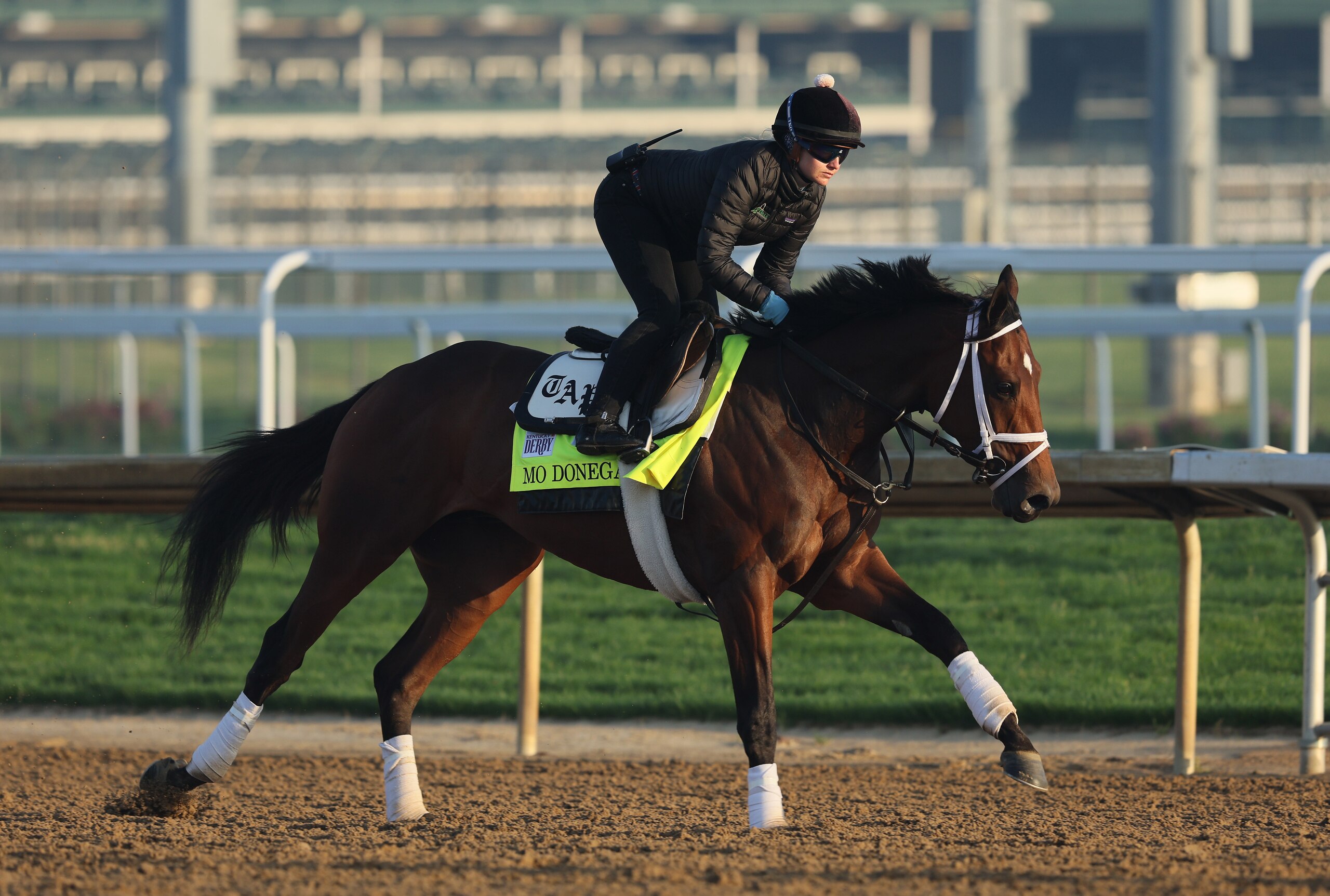 LOUISVILLE, KENTUCKY - MAY 02:  Mo Donegal during the morning training for the Kentucky Derby at Churchill Downs on May 02, 2022 in Louisville, Kentucky. (Photo by Andy Lyons/Getty Images)