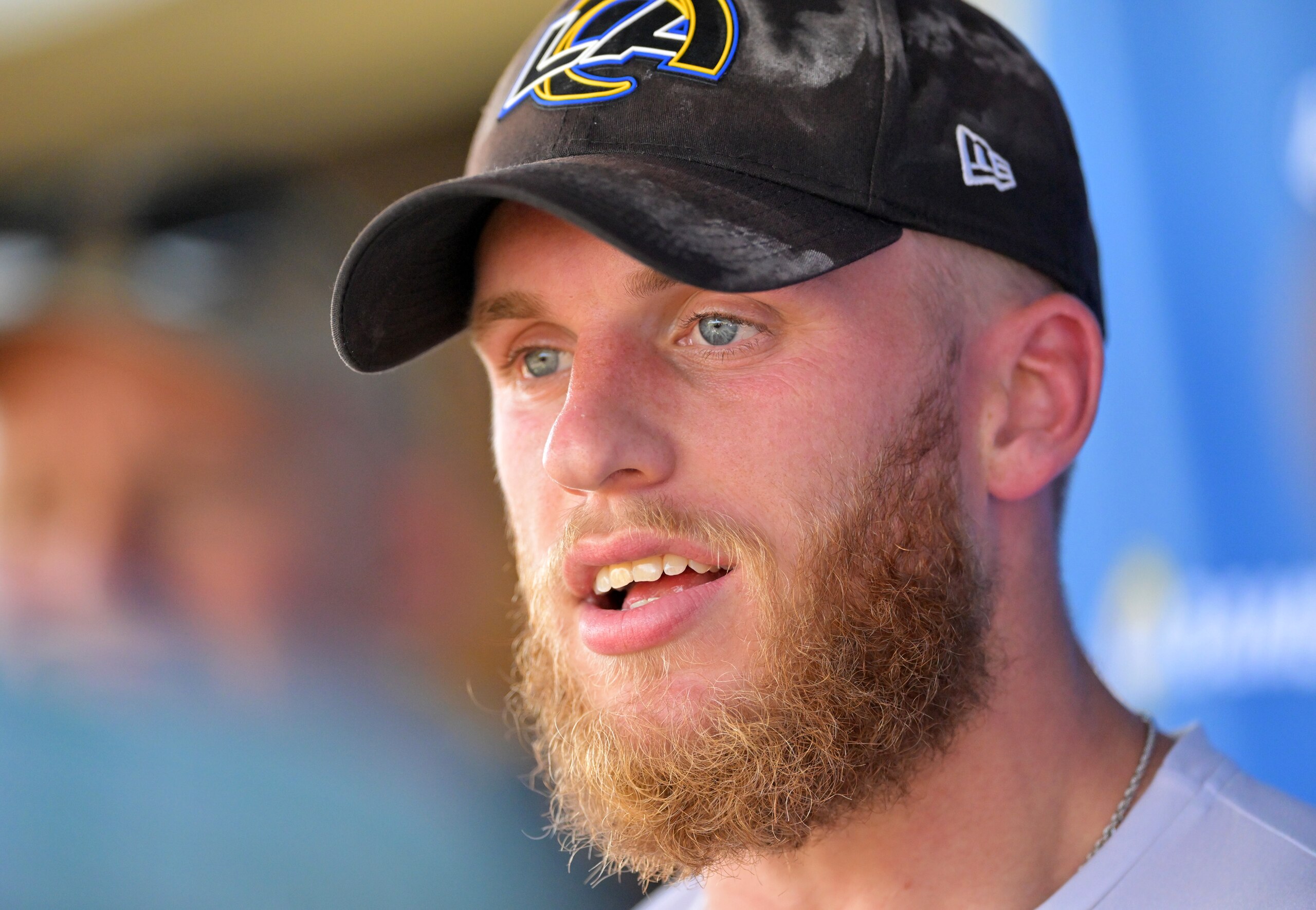 THOUSAND OAKS, CA - JUNE 7 : Cooper Kupp #10 of the Los Angeles Rams answers questions from the media following the first day mini camp at the team's facility at California Lutheran University on June 7, 2022  in Thousand Oaks, California. (Photo by Jayne Kamin-Oncea/Getty Images)
