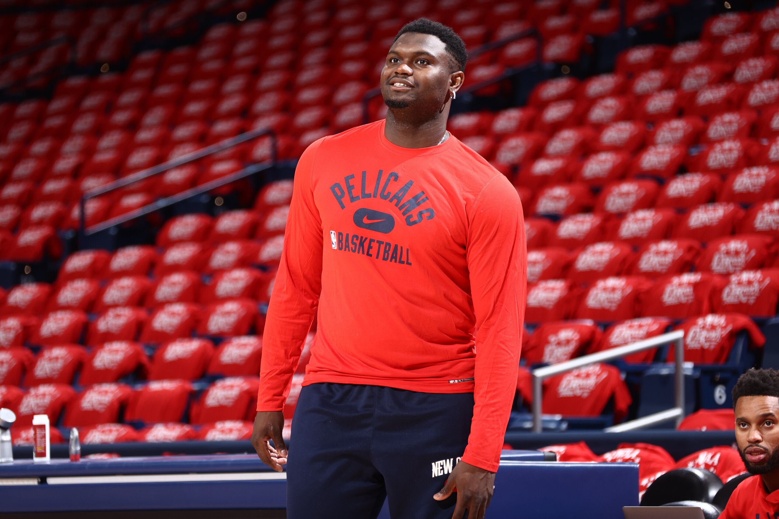 NEW ORLEANS, LA - APRIL 28: Zion Williamson #1 of the New Orleans Pelicans smiles before Round 1 Game 6 of the 2022 NBA Playoffs on April 28, 2022 at the Smoothie King Center in New Orleans, Louisiana. NOTE TO USER: User expressly acknowledges and agrees that, by downloading and or using this Photograph, user is consenting to the terms and conditions of the Getty Images License Agreement. Mandatory Copyright Notice: Copyright 2022 NBAE (Photo by Ned Dishman/NBAE via Getty Images)