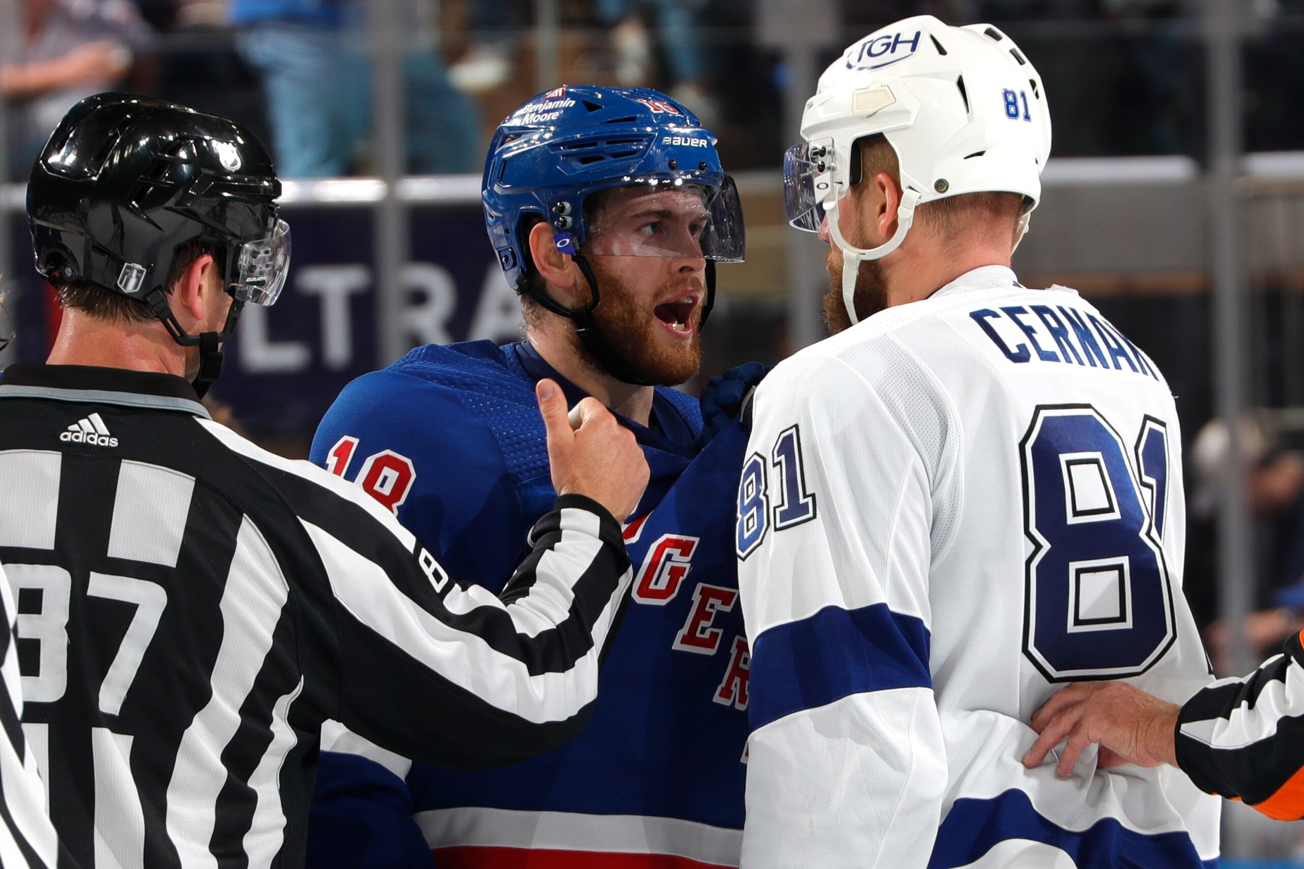 NEW YORK, NY - JUNE 09:  Andrew Copp #18 of the New York Rangers and Erik Cernak #81 of the Tampa Bay Lightning exchange words in Game Five of the Eastern Conference Final of the 2022 Stanley Cup Playoffs at Madison Square Garden on June 9, 2022 in New York City. (Photo by Jared Silber/NHLI via Getty Images)