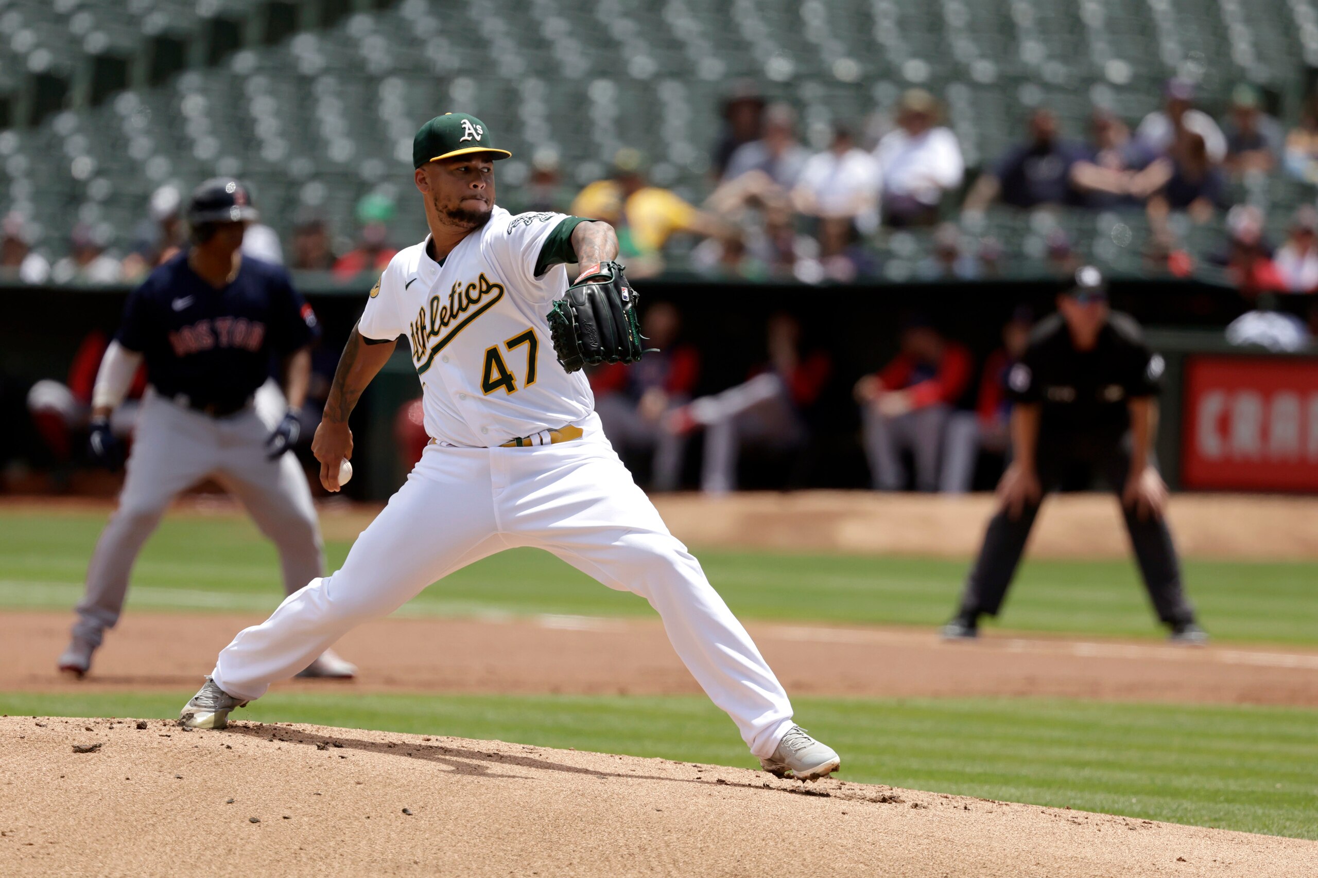 OAKLAND, CA - JUNE 05: Frankie Montas #47 of the Oakland Athletics pitches against Boston Red Sox in the first inning  at RingCentral Coliseum on June 5, 2022 in Oakland, California. (Photo by Josie Lepe/Getty Images)