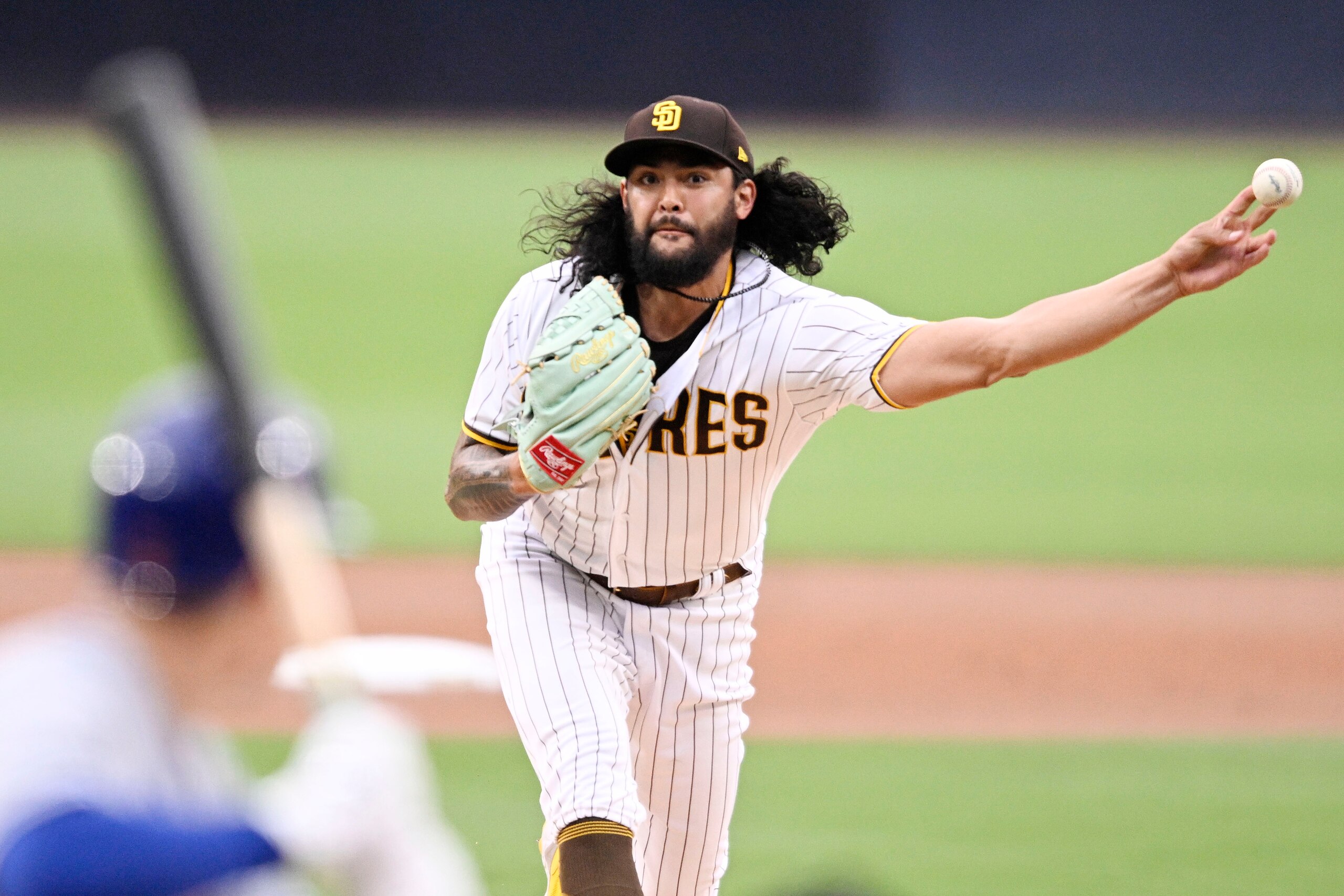 SAN DIEGO, CA - JUNE 8: Sean Manaea #55 of the San Diego Padres pitches during the first inning of a baseball game against the New York Mets at Petco Park on June 8, 2022 in San Diego, California. (Photo by Denis Poroy/Getty Images)