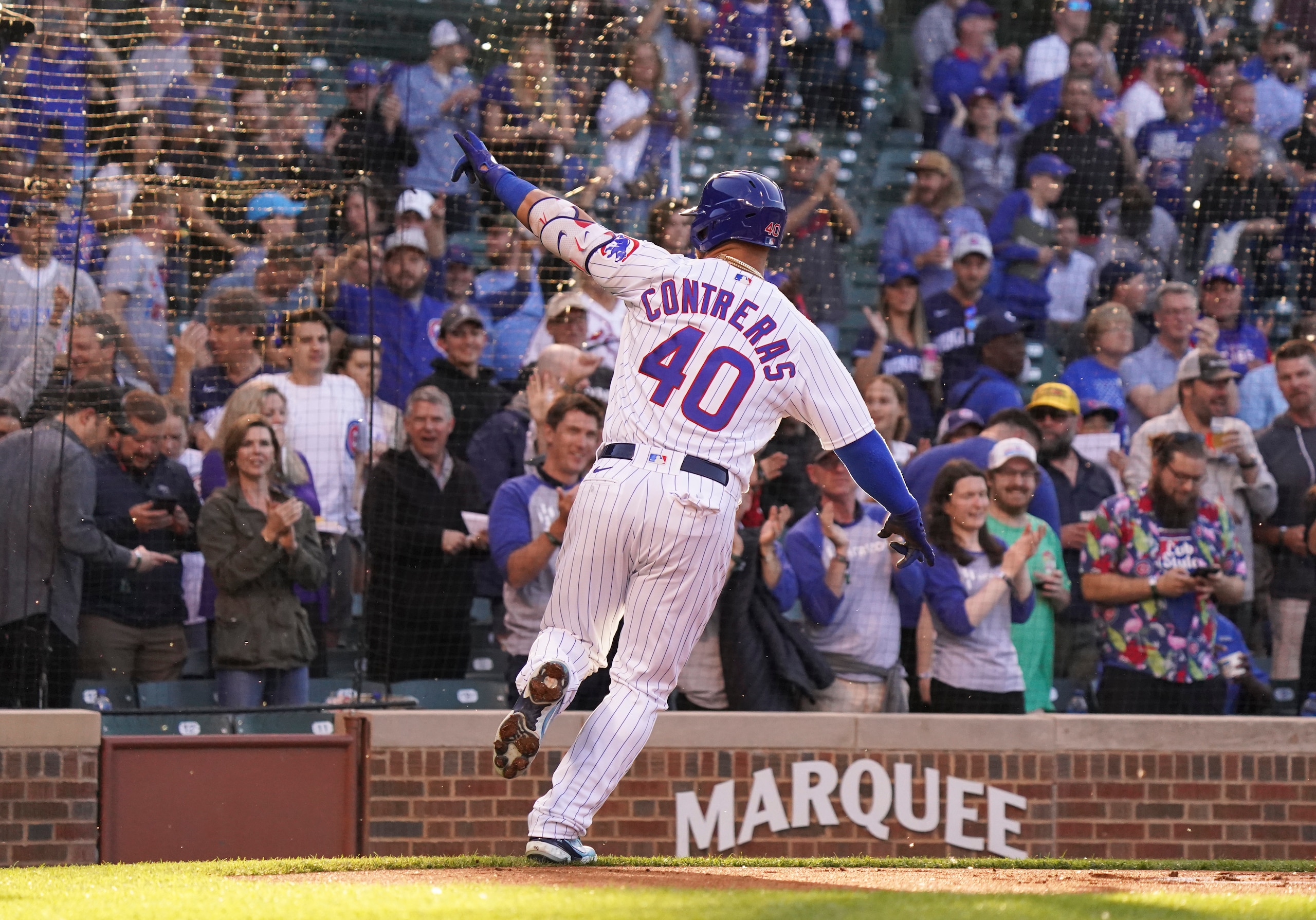 CHICAGO, ILLINOIS - JUNE 02:  Willson Contreras #40 of the Chicago Cubs celebrates a two-run home run against the St. Louis Cardinals at Wrigley Field on June 02, 2022 in Chicago, Illinois. (Photo by Nuccio DiNuzzo/Getty Images)