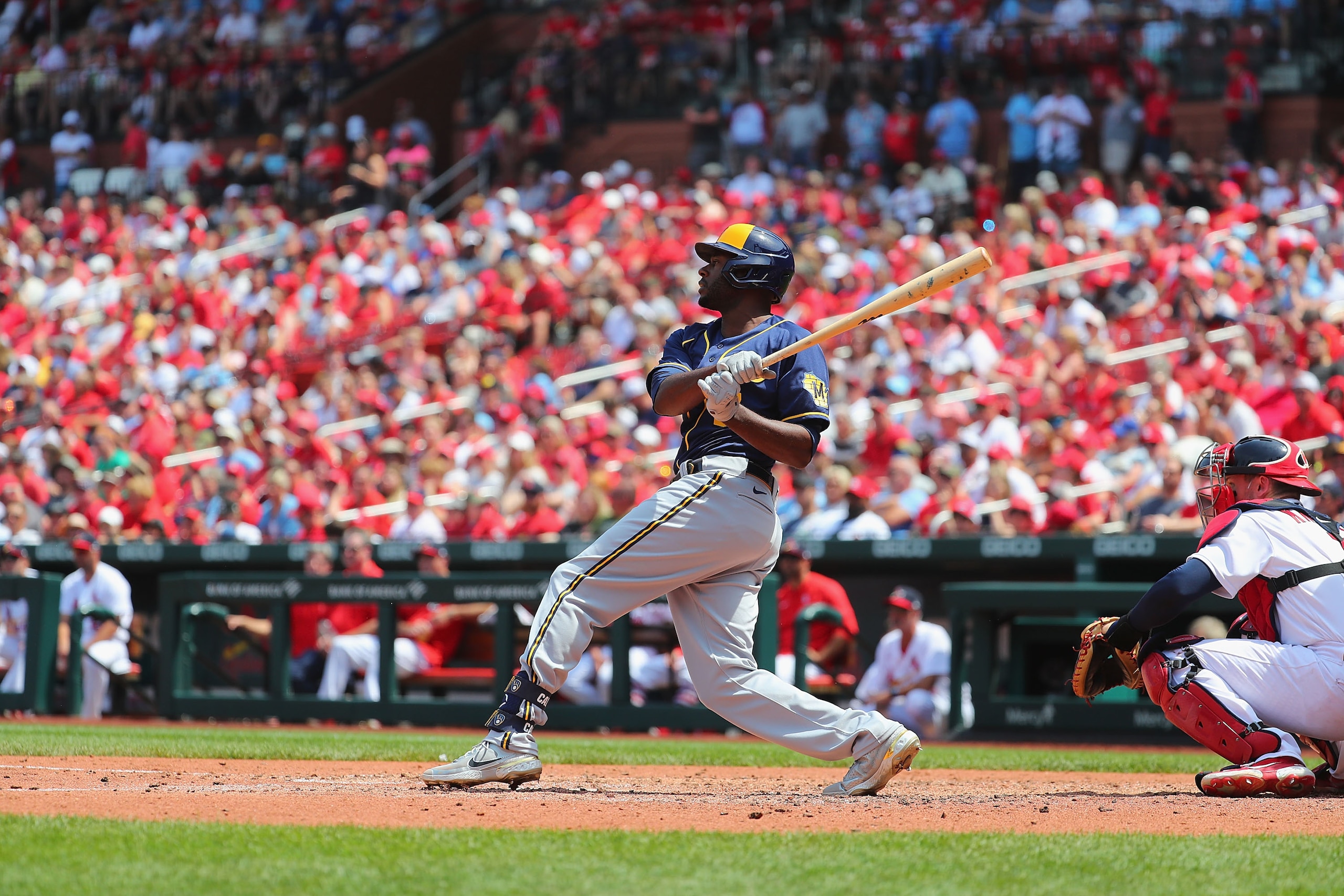 St. Louis, MO - MAY 29: Lorenzo Cain #6 of the Milwaukee Brewers bats against the St. Louis Cardinals at Busch Stadium on May 29, 2022 in St. Louis, Missouri. (Photo by Dilip Vishwanat/Getty Images)