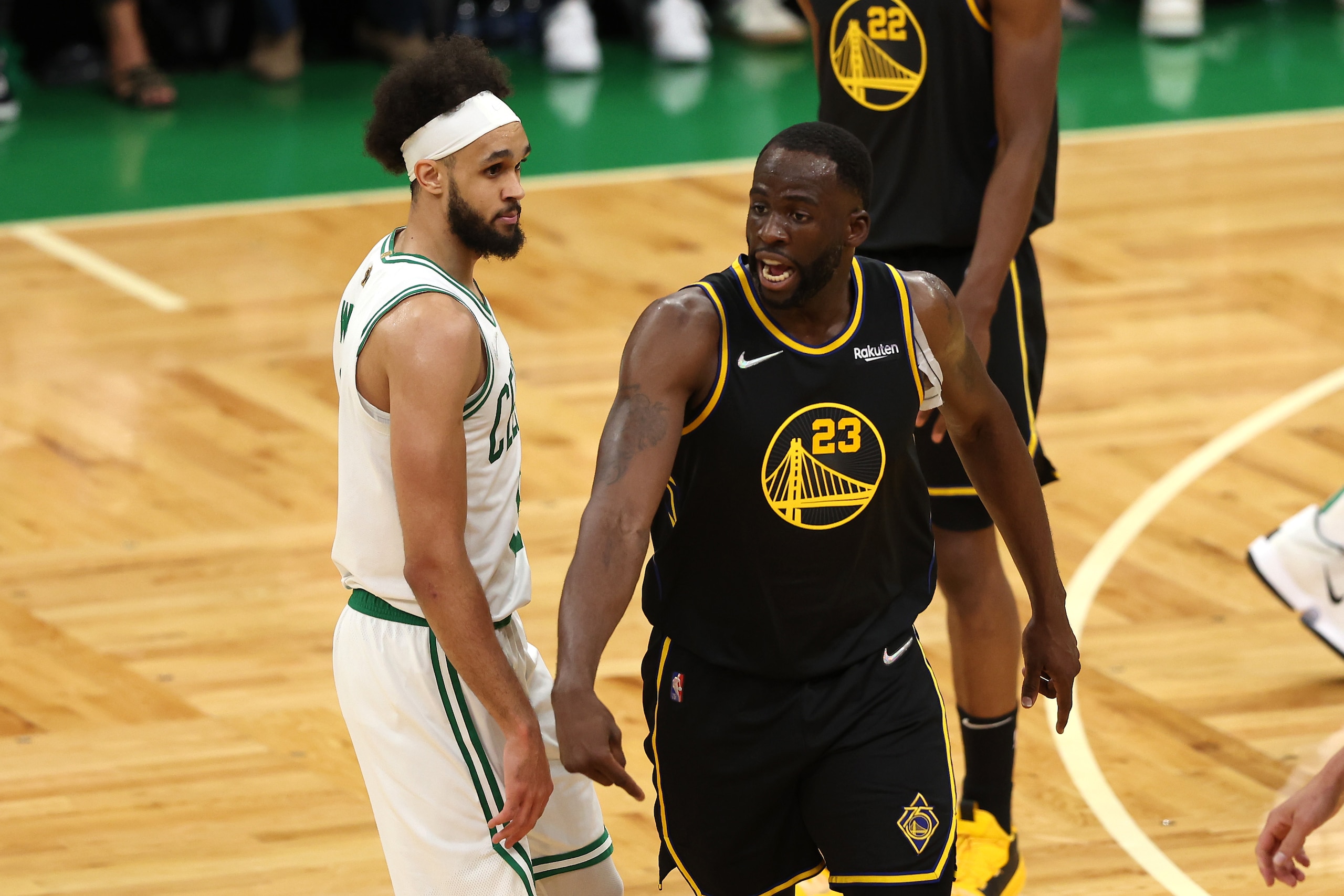 BOSTON, MASSACHUSETTS - JUNE 08: Draymond Green #23 of the Golden State Warriors reacts to a play in the third quarter against Derrick White #9 of the Boston Celtics during Game Three of the 2022 NBA Finals at TD Garden on June 08, 2022 in Boston, Massachusetts. The Boston Celtics won 116-100. NOTE TO USER: User expressly acknowledges and agrees that, by downloading and/or using this photograph, User is consenting to the terms and conditions of the Getty Images License Agreement. (Photo by Maddie Meyer/Getty Images)