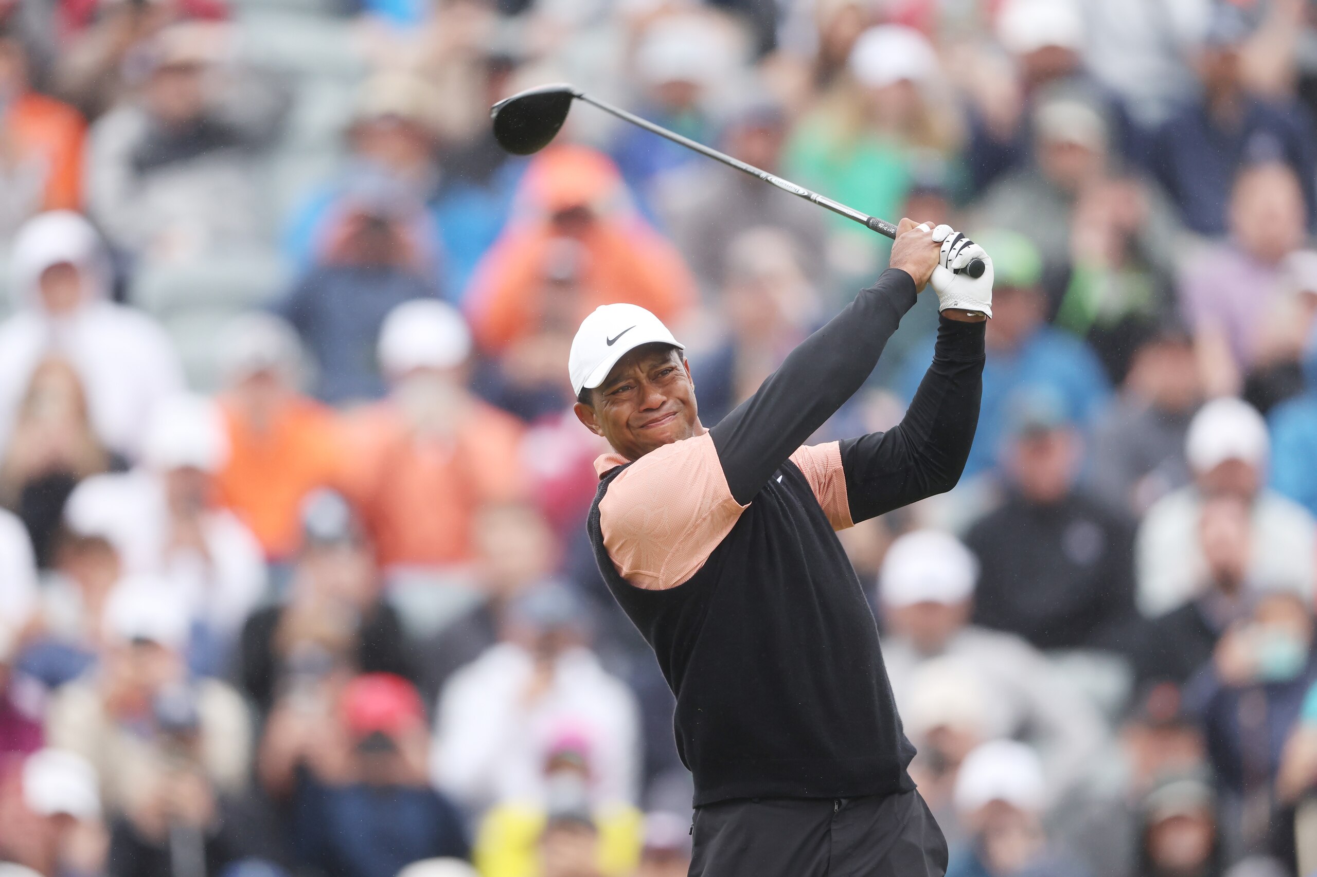 TULSA, OKLAHOMA - MAY 21: Tiger Woods of the United States plays his shot from the tenth tee during the third round of the 2022 PGA Championship at Southern Hills Country Club on May 21, 2022 in Tulsa, Oklahoma. (Photo by Christian Petersen/Getty Images)