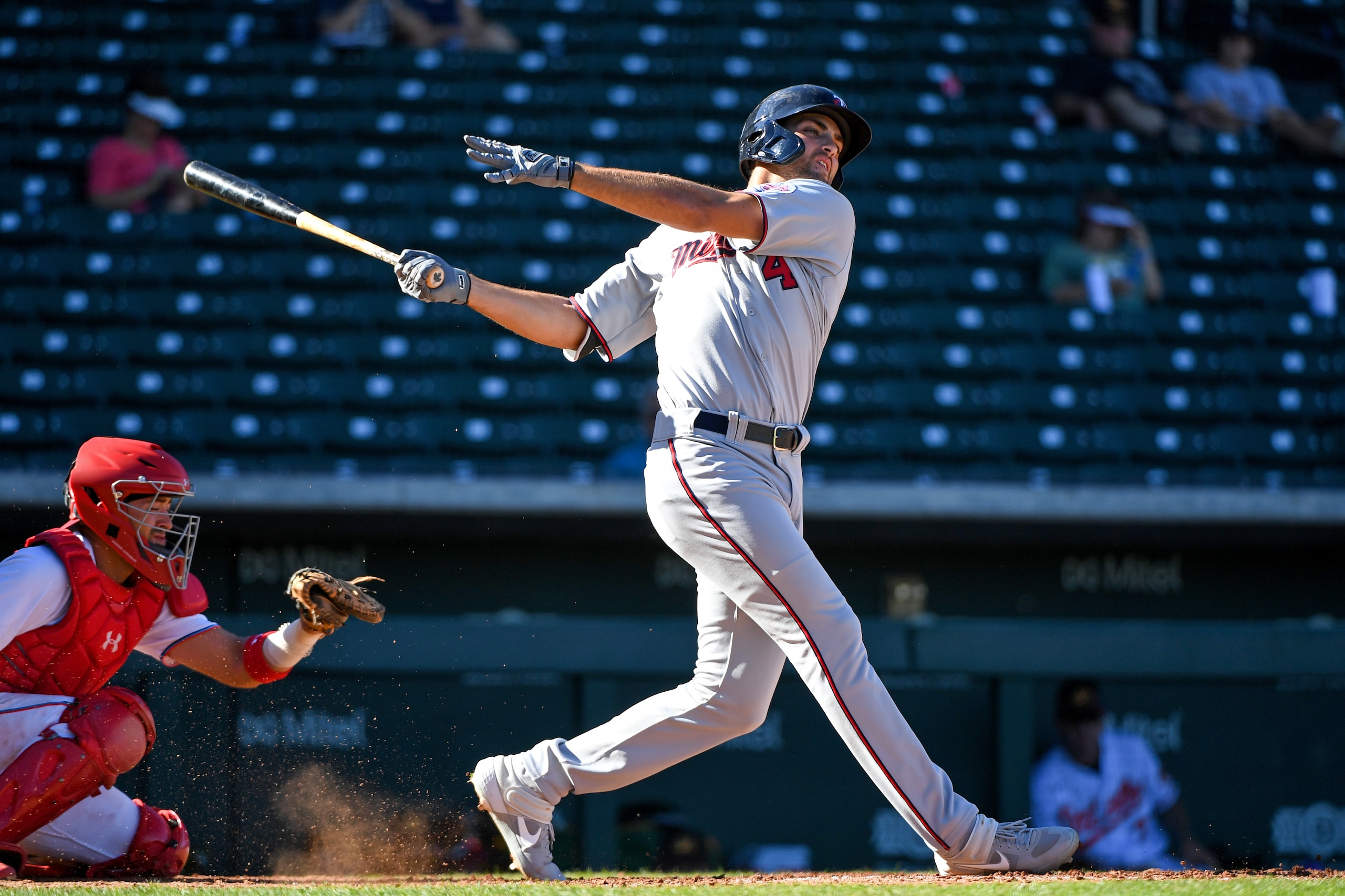 MESA, AZ - NOVEMBER 08, 2021: Matt Wallner #4 of the Scottsdale Scorpions bats during a game against the Mesa Solar Sox at Sloan Park on November 8, 2021 in Mesa, Arizona. (Photo by Chris Bernacchi/Diamond Images via Getty Images)