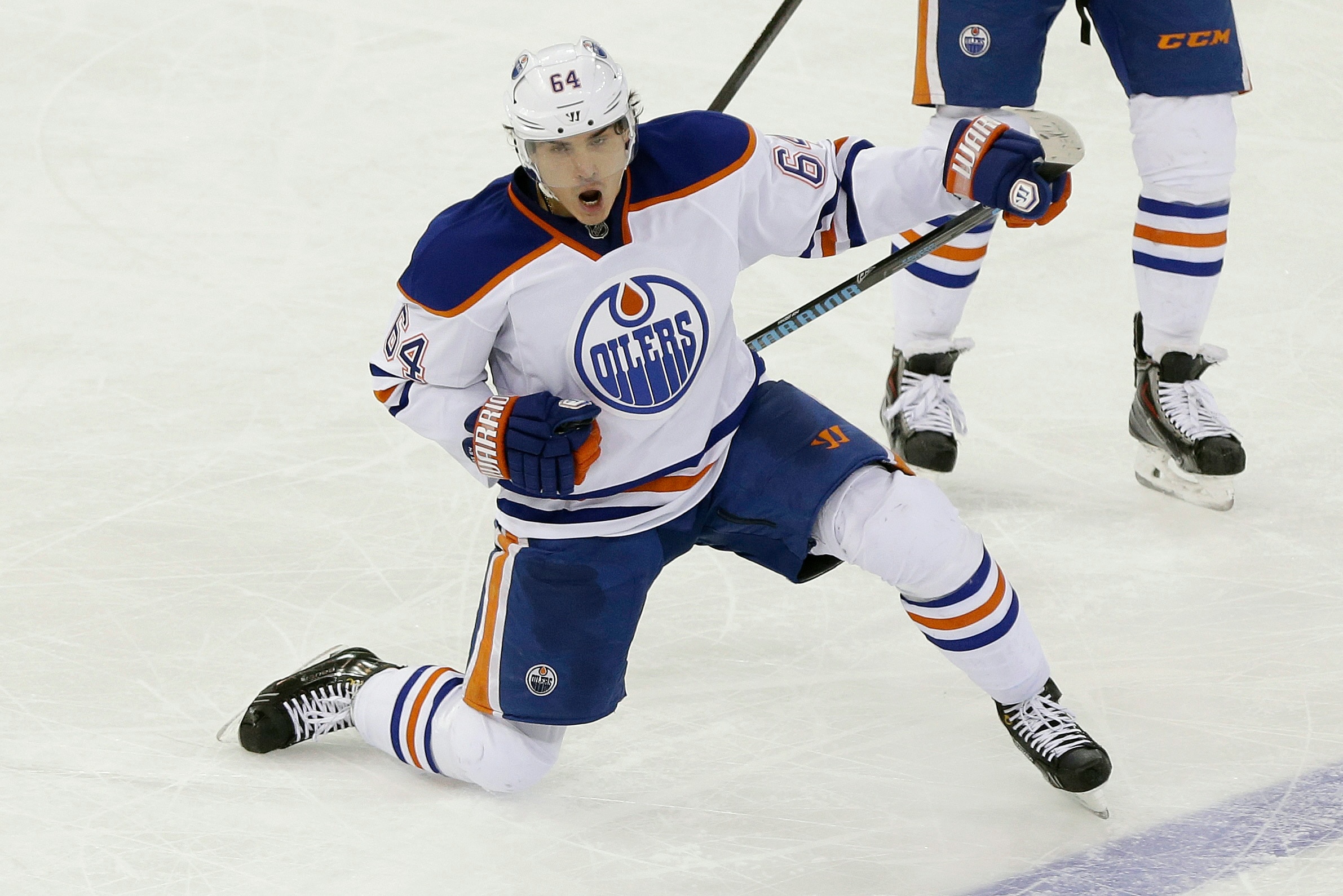 Edmonton Oilers' Nail Yakupov (64), of Russia, celebrates after scoring a goal during the third period of an NHL hockey game against the New York Rangers, Thursday, Feb. 6, 2014, in New York. The Oilers won the game 2-1. (AP Photo/Frank Franklin II)