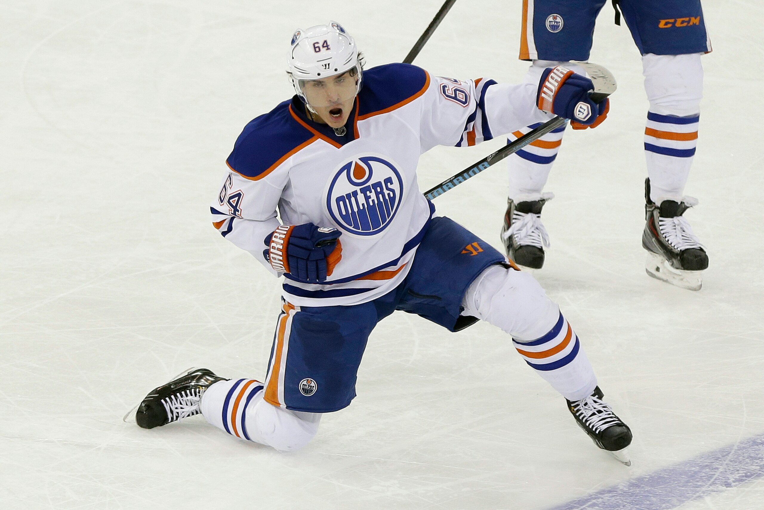 Edmonton Oilers' Nail Yakupov (64), of Russia, celebrates after scoring a goal during the third period of an NHL hockey game against the New York Rangers, Thursday, Feb. 6, 2014, in New York. The Oilers won the game 2-1. (AP Photo/Frank Franklin II)