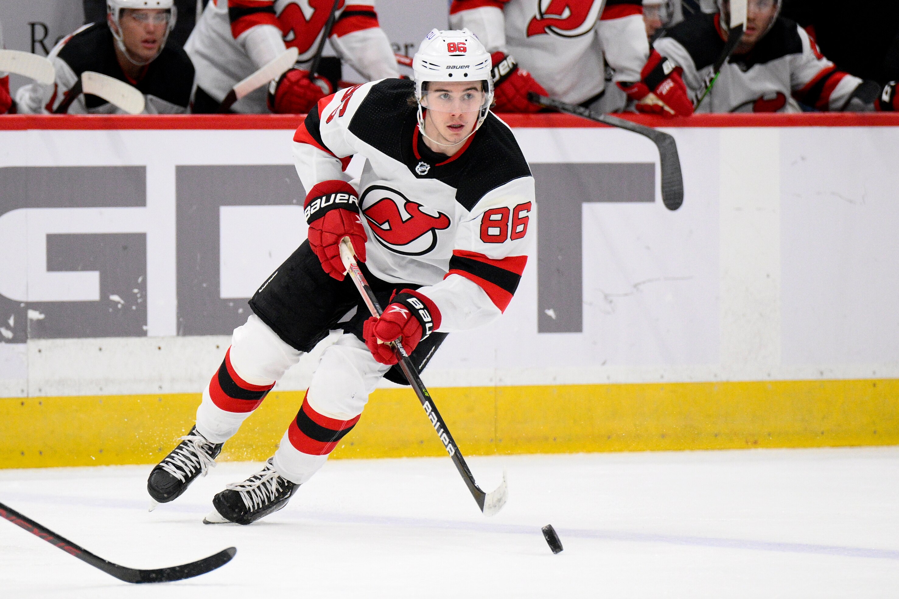 New Jersey Devils center Jack Hughes (86) in action during the second period of an NHL hockey game against the Washington Capitals, Saturday, March 26, 2022, in Washington. (AP Photo/Nick Wass)