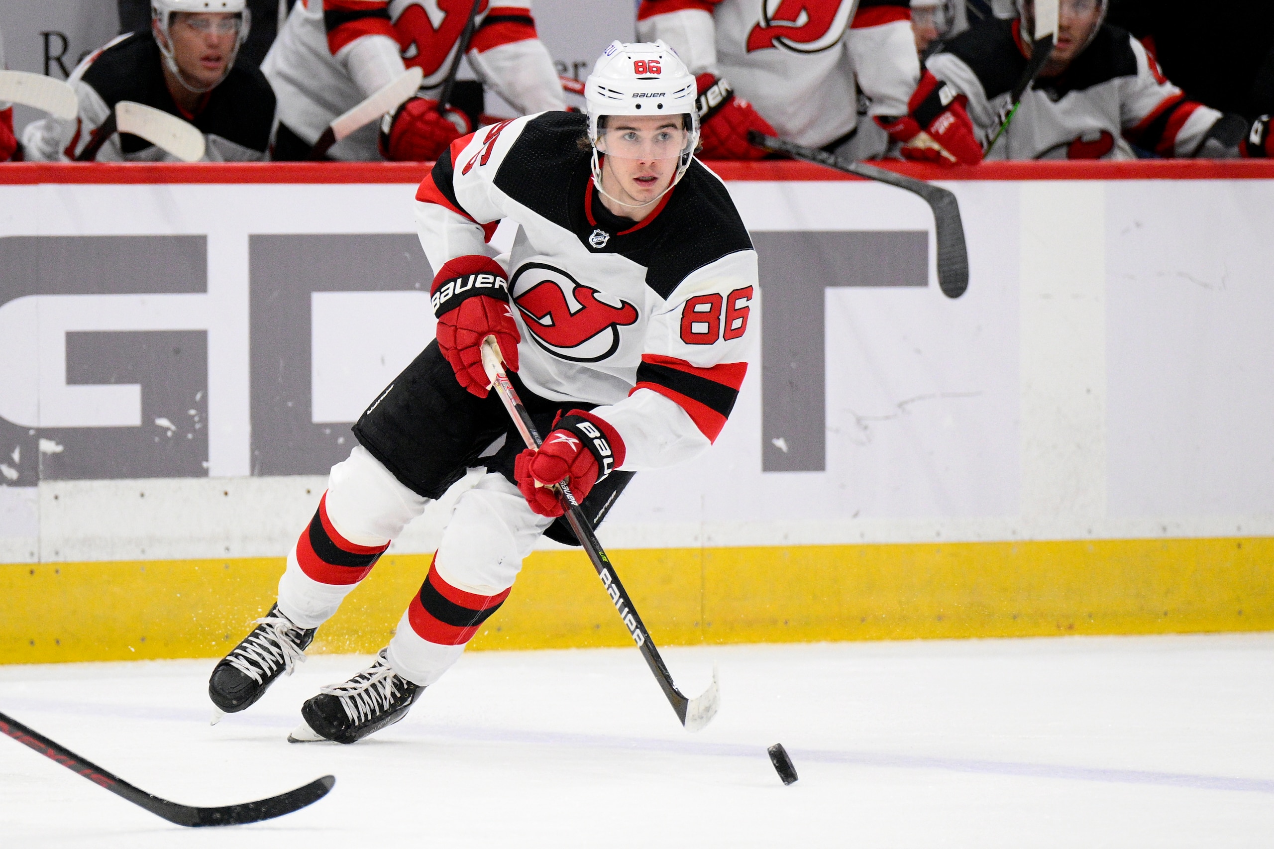 New Jersey Devils center Jack Hughes (86) in action during the second period of an NHL hockey game against the Washington Capitals, Saturday, March 26, 2022, in Washington. (AP Photo/Nick Wass)