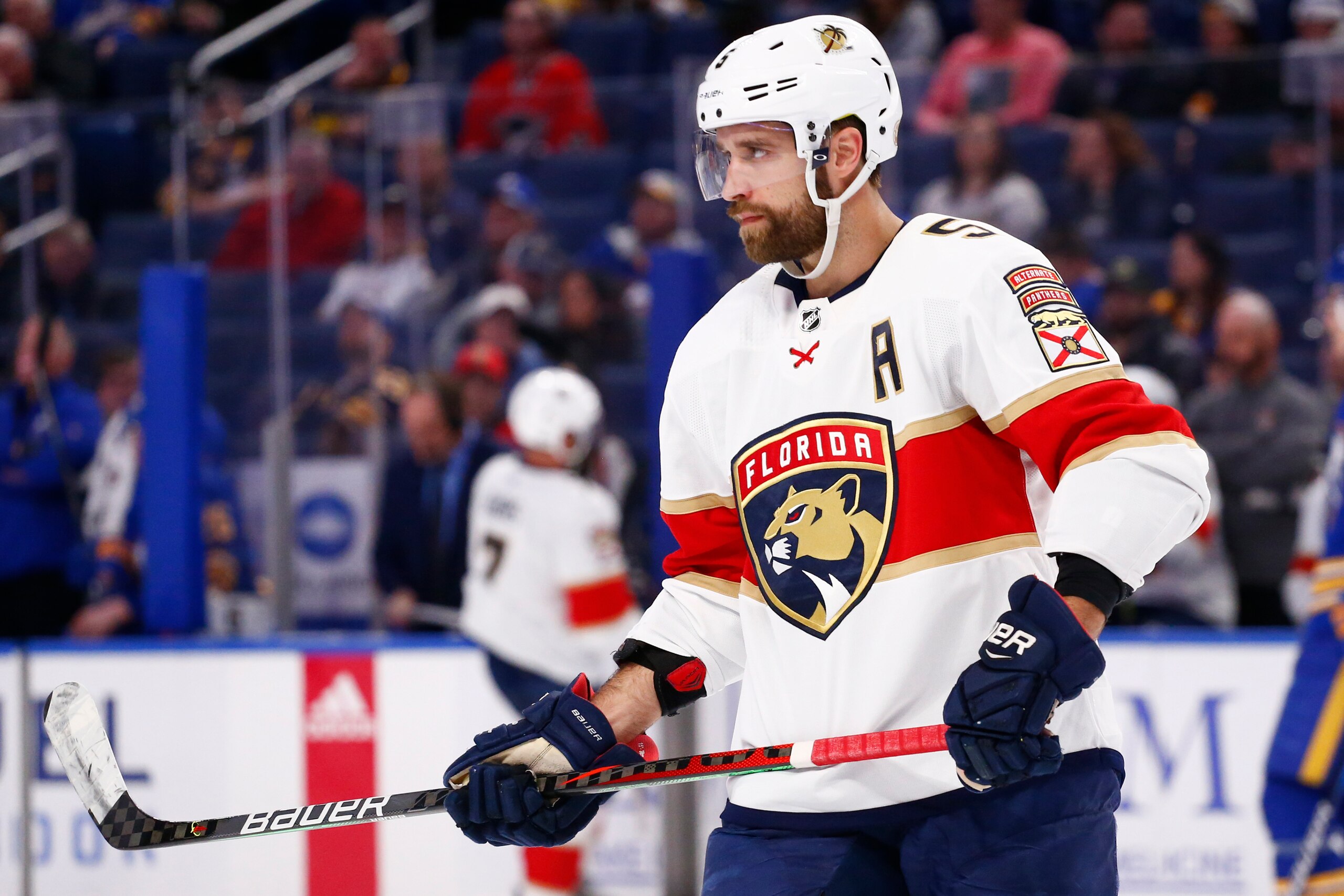 Florida Panthers defenseman Aaron Ekblad (5) lines up for a faceoff during the second period of an NHL hockey game against the Buffalo Sabres, Monday, March 7, 2022, in Buffalo, N.Y. (AP Photo/Jeffrey T. Barnes)