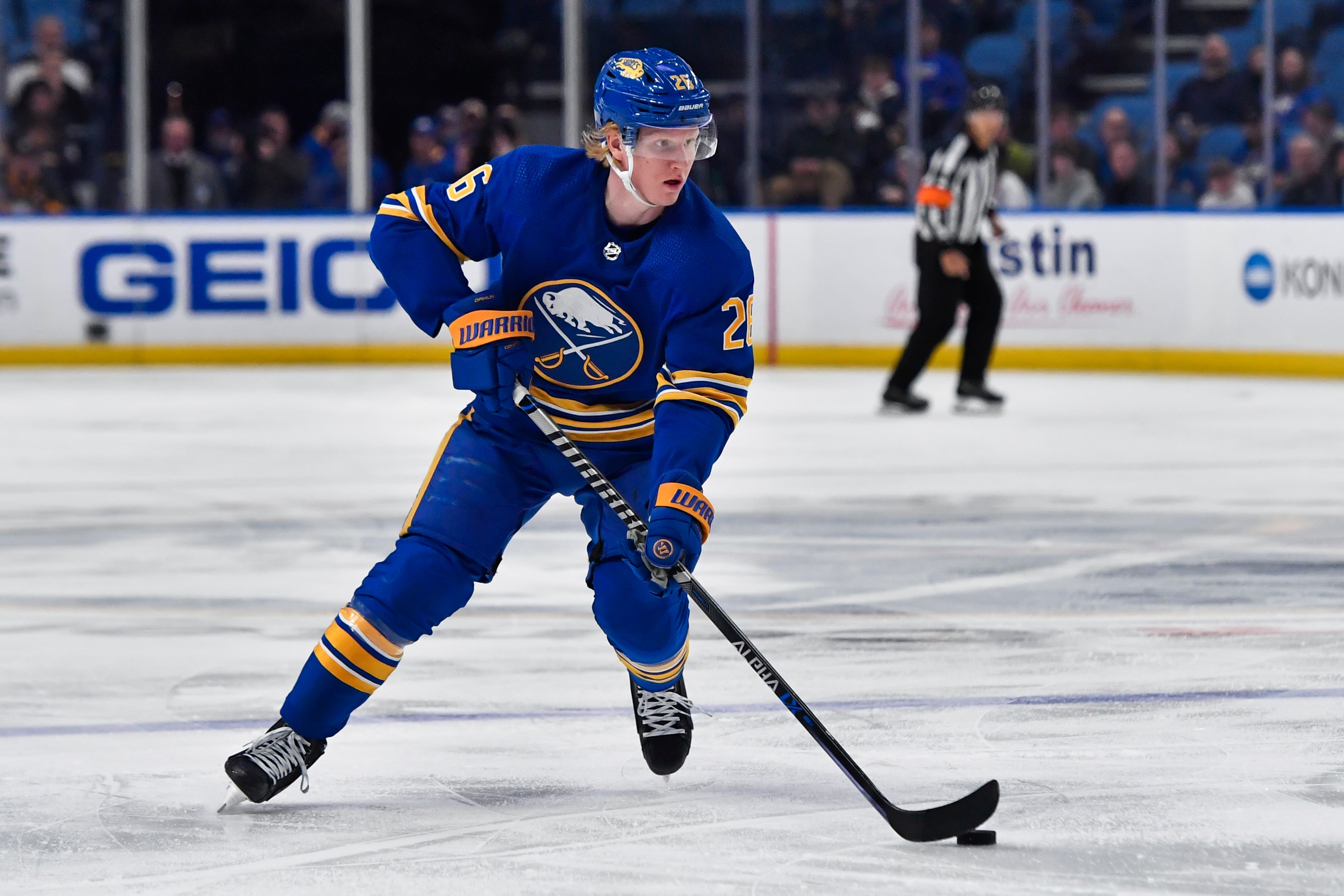 Buffalo Sabres defenseman Rasmus Dahlin skates with the puck during the second period of an NHL hockey game against the Pittsburgh Penguins in Buffalo, N.Y., Wednesday, March 23, 2022. (AP Photo/Adrian Kraus)
