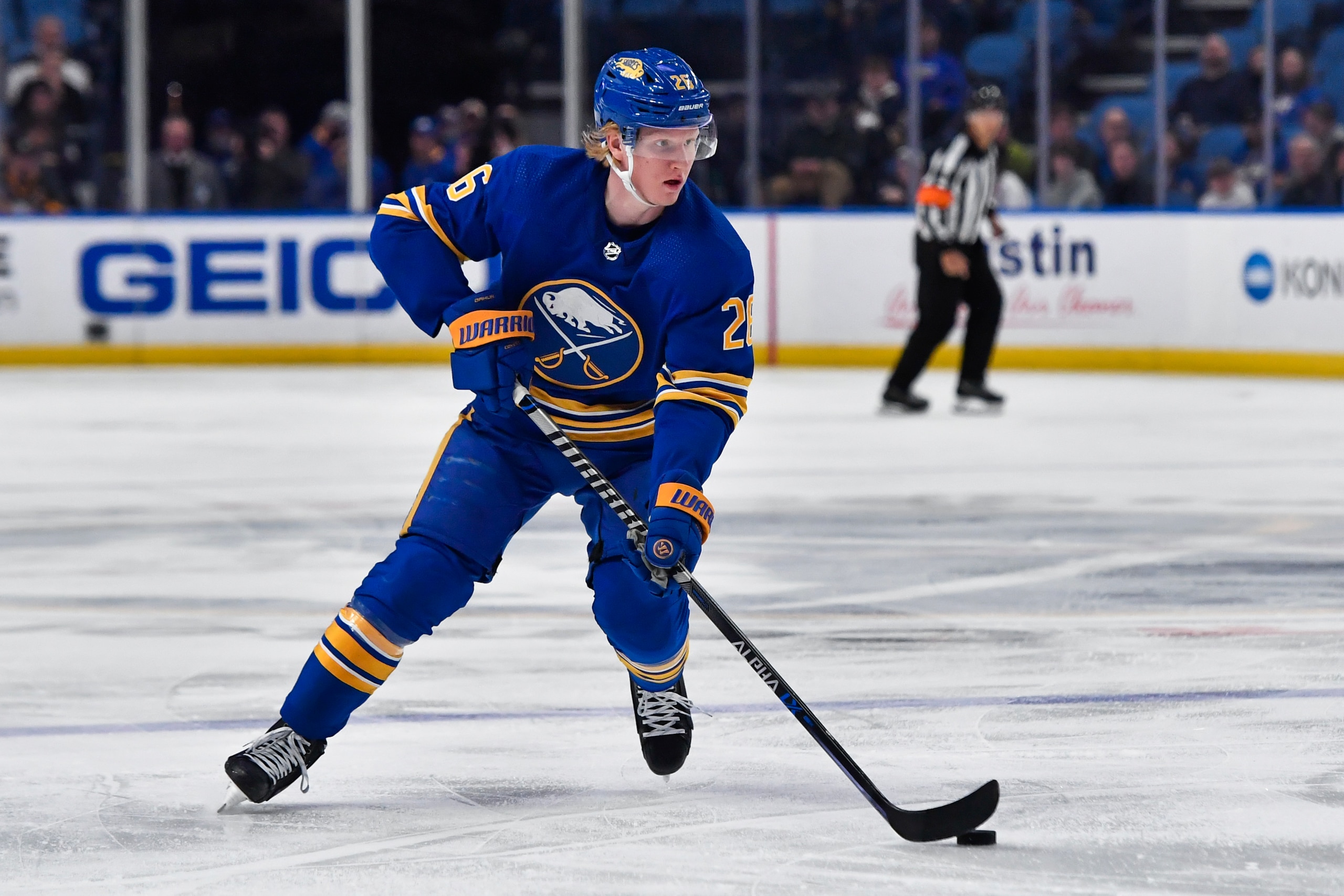 Buffalo Sabres defenseman Rasmus Dahlin skates with the puck during the second period of an NHL hockey game against the Pittsburgh Penguins in Buffalo, N.Y., Wednesday, March 23, 2022. (AP Photo/Adrian Kraus)