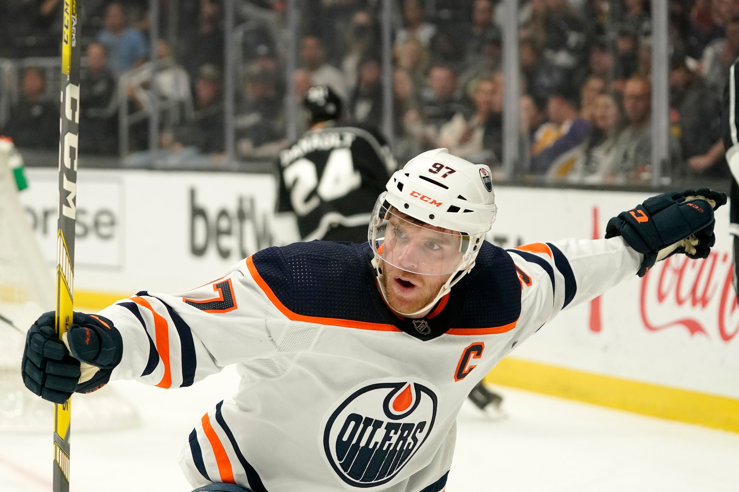 Edmonton Oilers center Connor McDavid celebrates after scoring during the first period of an NHL hockey game against the Los Angeles Kings Thursday, April 7, 2022, in Los Angeles. (AP Photo/Mark J. Terrill)