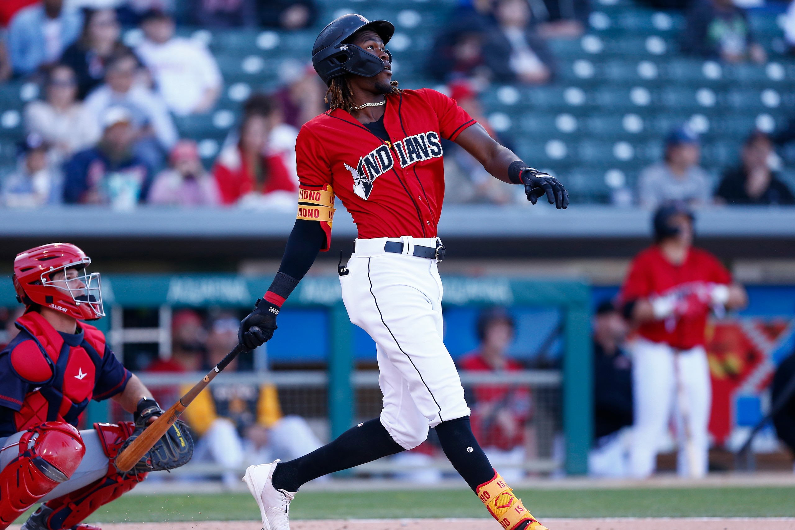 INDIANAPOLIS, IN - MAY 07: Indianapolis Indians infielder Oneil Cruz (15) watches his solo home run during a MiLB baseball game between the Louisville Bats and the Indianapolis Indians on May 07, 2022 at Victory Field in Indianapolis, IN (Photo by Jeffrey Brown/Icon Sportswire via Getty Images)