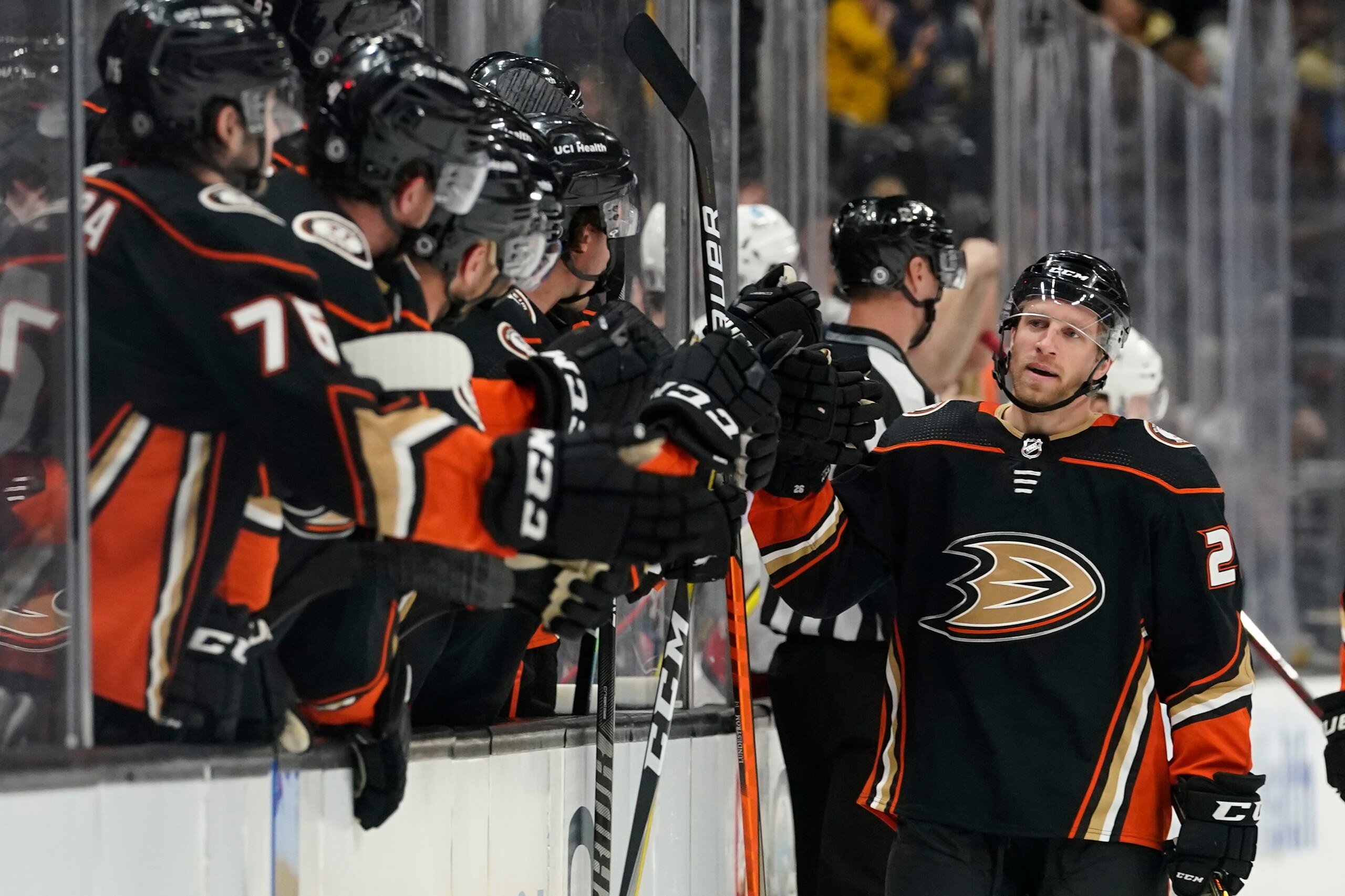 Anaheim Ducks center Gerry Mayhew, right, celebrates after scoring a goal during the first period of an NHL hockey game against the Columbus Blue Jackets in Anaheim, Calif., Sunday, April 17, 2022. (AP Photo/Ashley Landis) Anaheim Ducks center Gerry Mayhew, right, celebrates after scoring a goal during the first period of an NHL hockey game against the Columbus Blue Jackets in Anaheim, Calif., Sunday, April 17, 2022. (AP Photo/Ashley Landis)