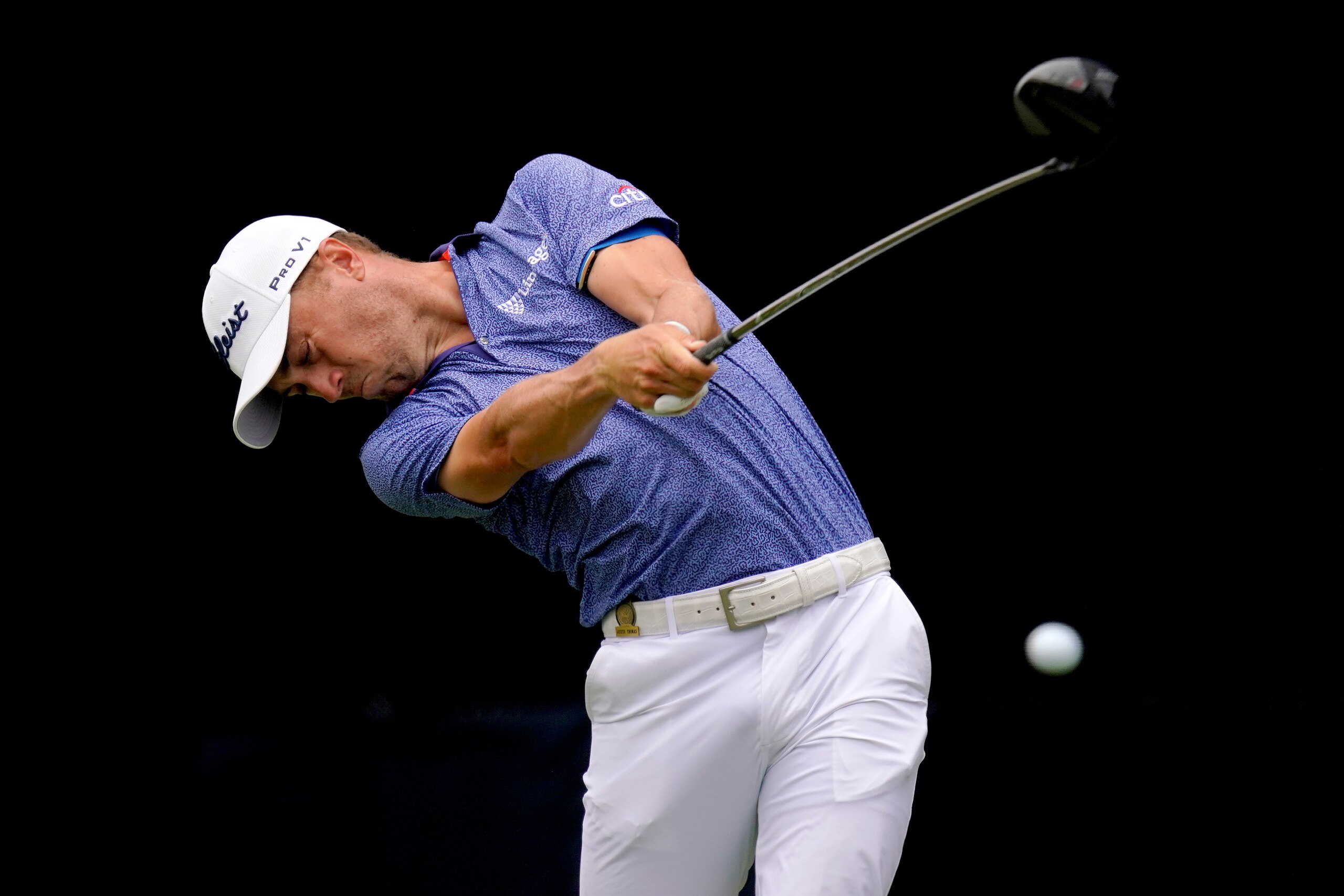 Justin Thomas plays his shot from the seventh tee during the third round of the U.S. Open Golf Championship, Saturday, June 19, 2021, at Torrey Pines Golf Course in San Diego. (AP Photo/Gregory Bull)