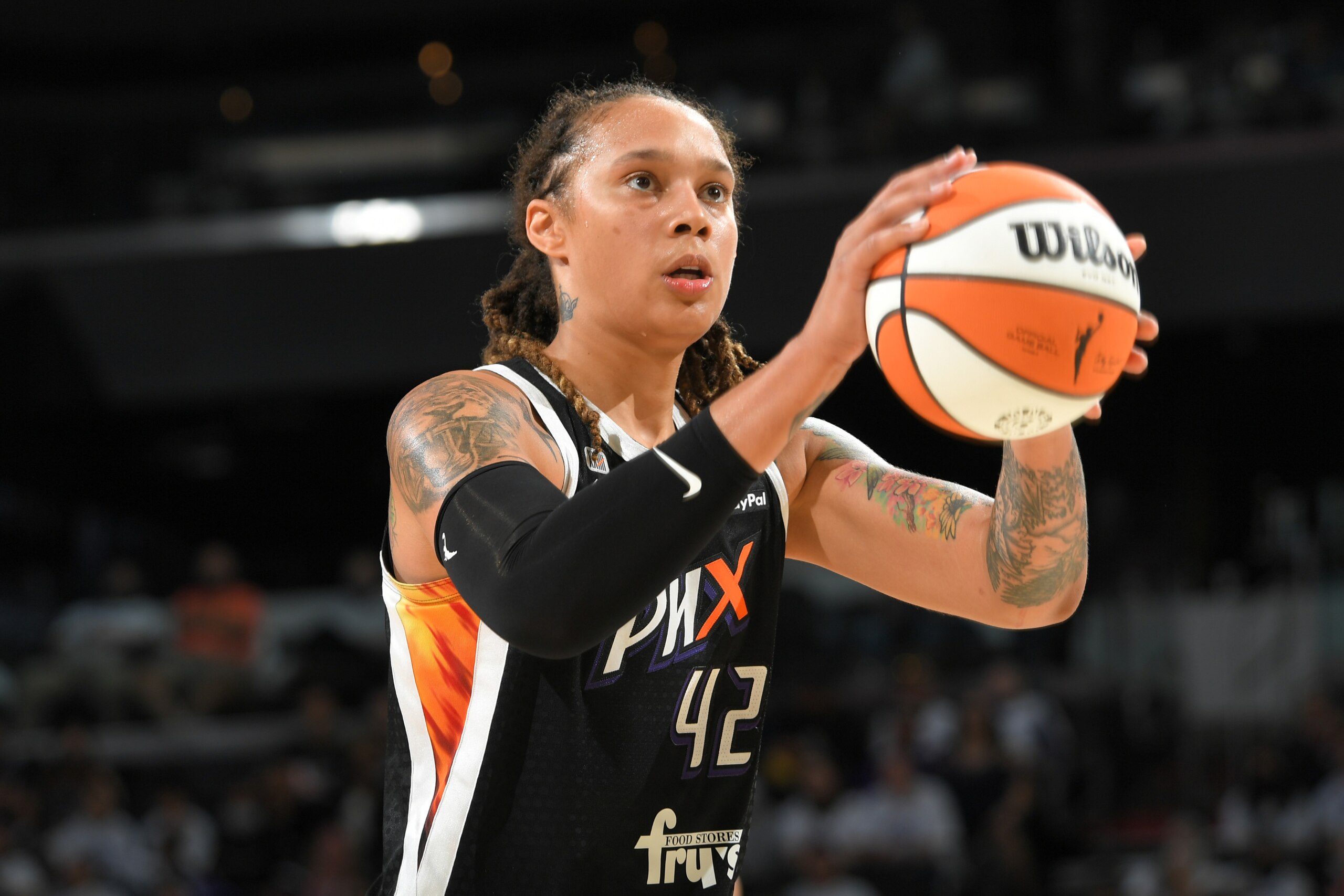 PHOENIX, AZ - OCTOBER 10: Brittney Griner #42 of the Phoenix Mercury looks on during the game against the Chicago Sky during Game One of the 2021 WNBA Finals on October 10, 2021 at Footprint in Phoenix, Arizona. NOTE TO USER: User expressly acknowledges and agrees that, by downloading and or using this photograph, user is consenting to the terms and conditions of the Getty Images License Agreement. Mandatory Copyright Notice: Copyright 2021 NBAE (Photo by Michael Gonzales/NBAE via Getty Images) PHOENIX, AZ - OCTOBER 10: Brittney Griner #42 of the Phoenix Mercury looks on during the game against the Chicago Sky during Game One of the 2021 WNBA Finals on October 10, 2021 at Footprint in Phoenix, Arizona. NOTE TO USER: User expressly acknowledges and agrees that, by downloading and or using this photograph, user is consenting to the terms and conditions of the Getty Images License Agreement. Mandatory Copyright Notice: Copyright 2021 NBAE (Photo by Michael Gonzales/NBAE via Getty Images)