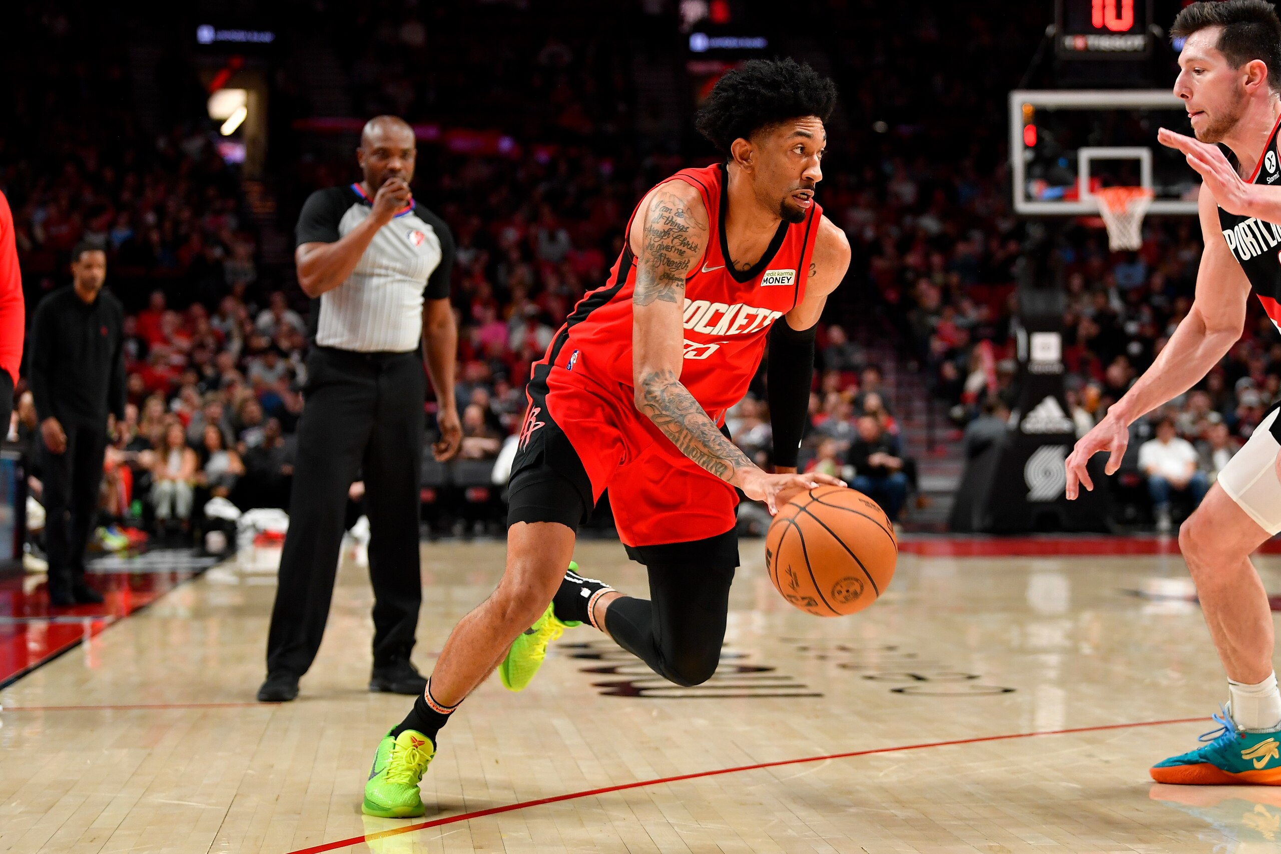 PORTLAND, OREGON - MARCH 26: Christian Wood #35 of the Houston Rockets drives to the basket during the third quarter against the Portland Trail Blazers at the Moda Center on March 26, 2022 in Portland, Oregon. The Houston Rockets won 115-98. NOTE TO USER: User expressly acknowledges and agrees that, by downloading and or using this photograph, User is consenting to the terms and conditions of the Getty Images License Agreement. (Photo by Alika Jenner/Getty Images)