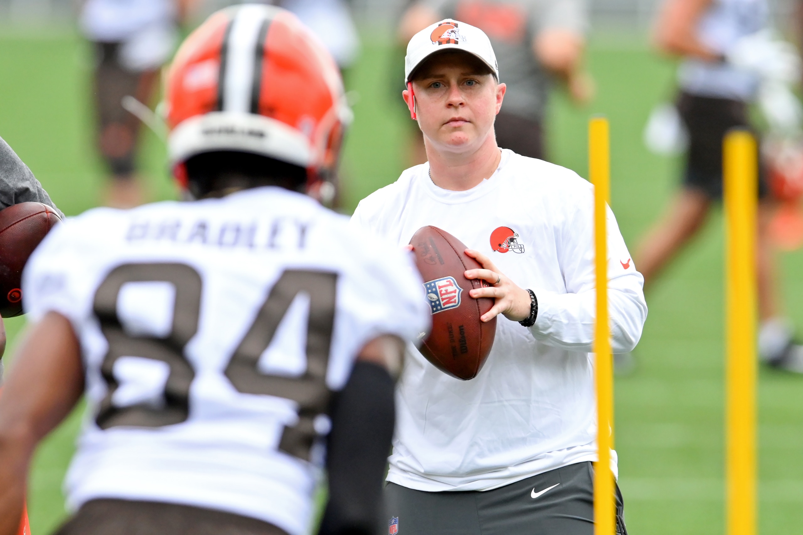 BEREA, OH - JULY 29: Cleveland Browns chief of staff Callie Brownson assists in a drill during the second day of Cleveland Browns Training Camp on July 29, 2021 in Berea, Ohio. (Photo by Nick Cammett/Diamond Images via Getty Images)