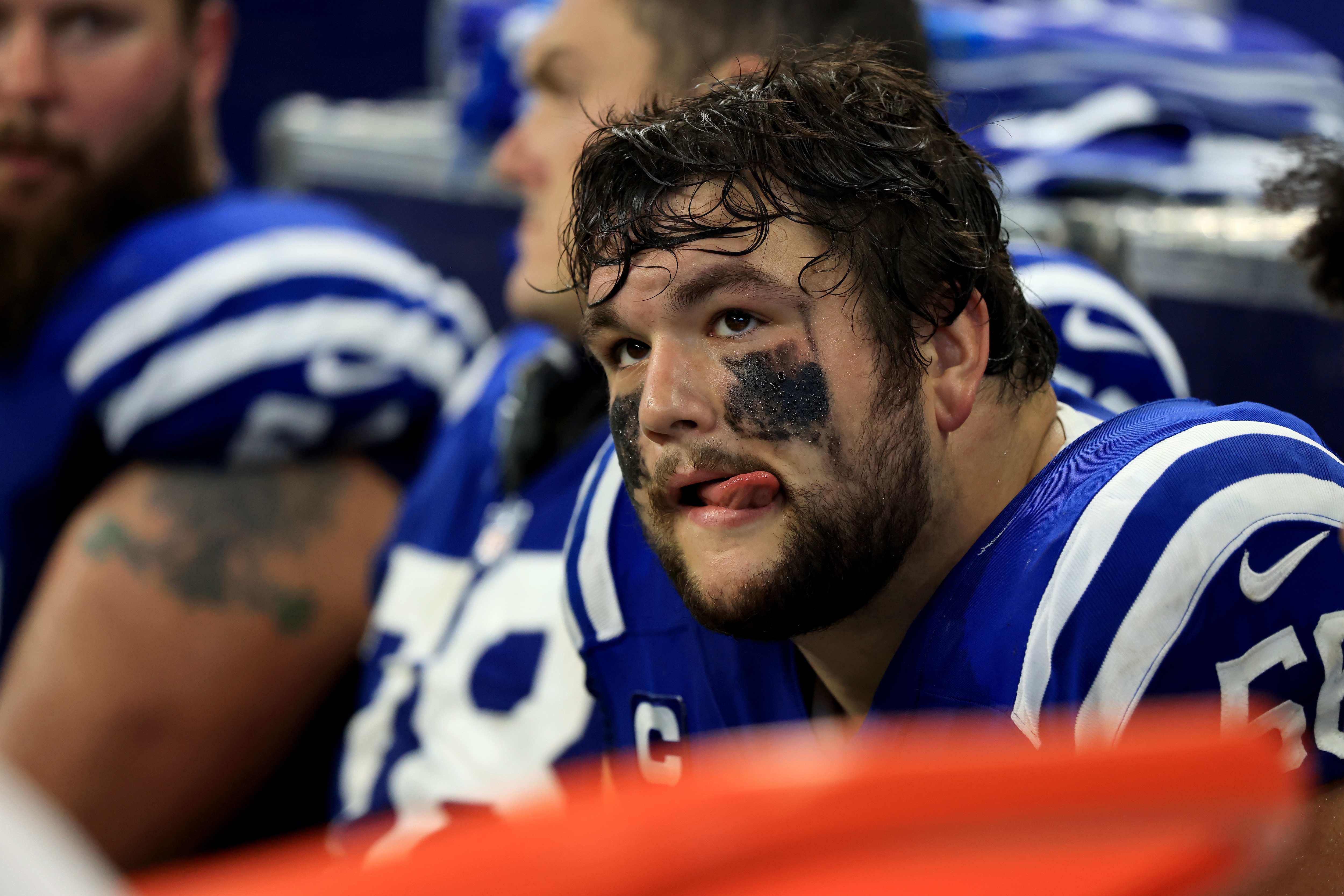 INDIANAPOLIS, INDIANA - SEPTEMBER 12: Quenton Nelson #56 of the Indianapolis Colts on the sidelines in the game against the Seattle Seahawks at Lucas Oil Stadium on September 12, 2021 in Indianapolis, Indiana. (Photo by Justin Casterline/Getty Images)