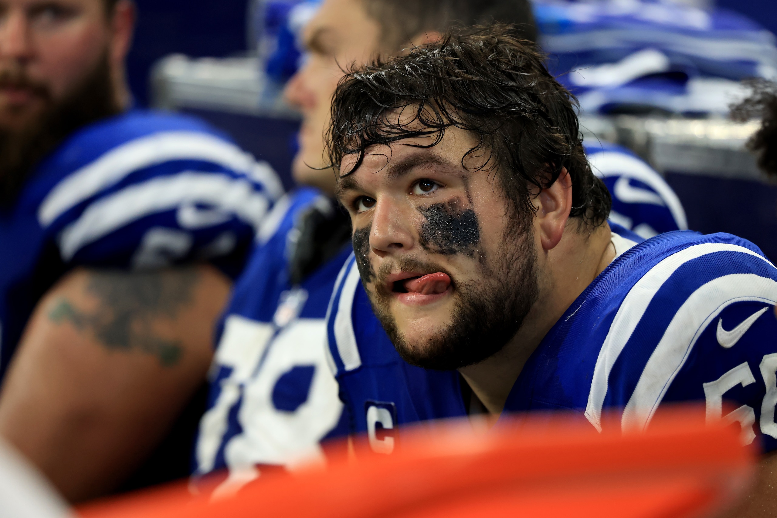 INDIANAPOLIS, INDIANA - SEPTEMBER 12: Quenton Nelson #56 of the Indianapolis Colts on the sidelines in the game against the Seattle Seahawks at Lucas Oil Stadium on September 12, 2021 in Indianapolis, Indiana. (Photo by Justin Casterline/Getty Images) INDIANAPOLIS, INDIANA - SEPTEMBER 12: Quenton Nelson #56 of the Indianapolis Colts on the sidelines in the game against the Seattle Seahawks at Lucas Oil Stadium on September 12, 2021 in Indianapolis, Indiana. (Photo by Justin Casterline/Getty Images)