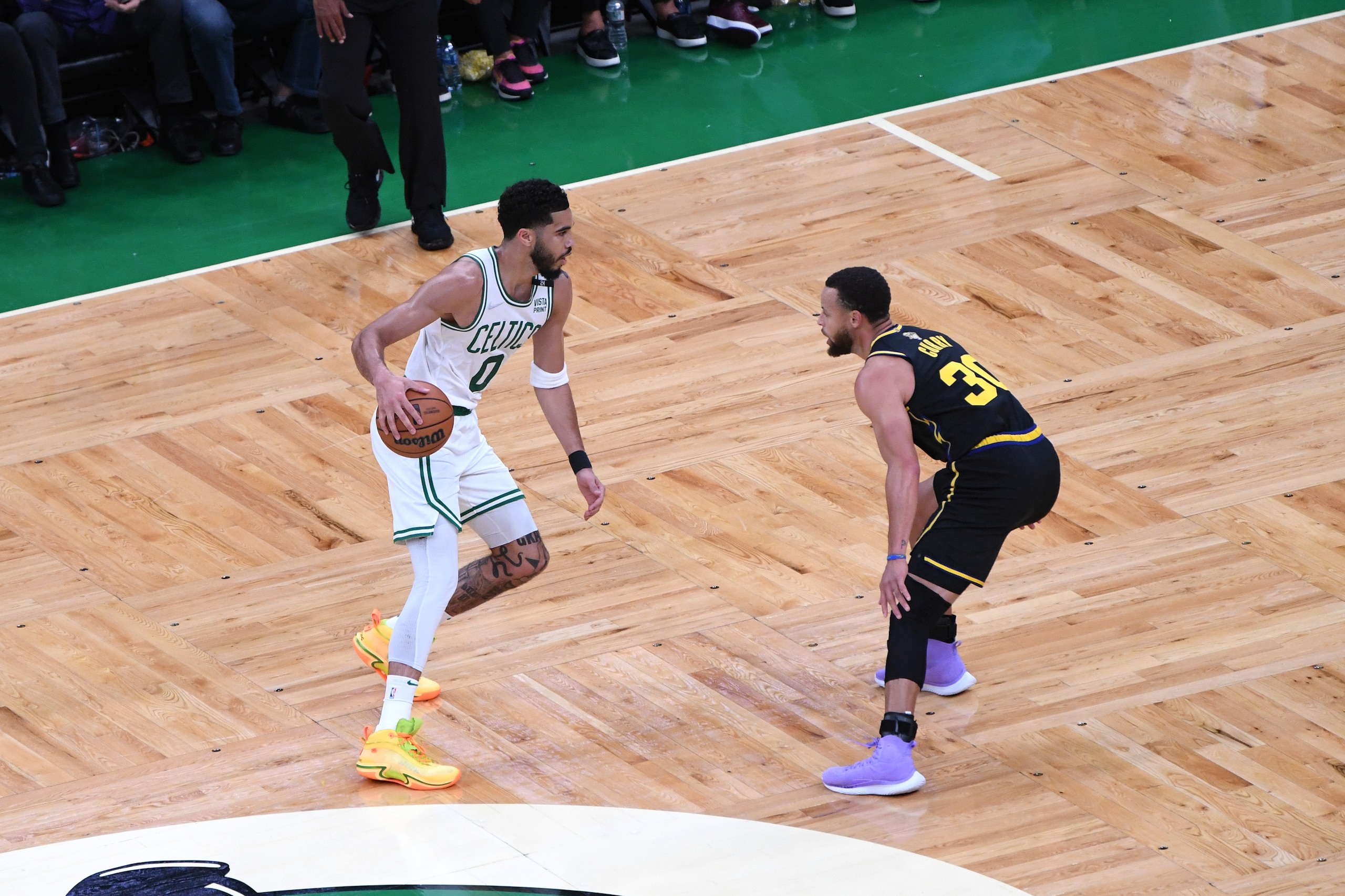 BOSTON, MA - JUNE 10: Jayson Tatum #0 of the Boston Celtics handles the ball against the Golden State Warriors during Game Four of the 2022 NBA Finals on June 10, 2022 at TD Garden in Boston, Massachusetts. NOTE TO USER: User expressly acknowledges and agrees that, by downloading and or using this photograph, user is consenting to the terms and conditions of Getty Images License Agreement. Mandatory Copyright Notice: Copyright 2022 NBAE (Photo by Noah Graham/NBAE via Getty Images)