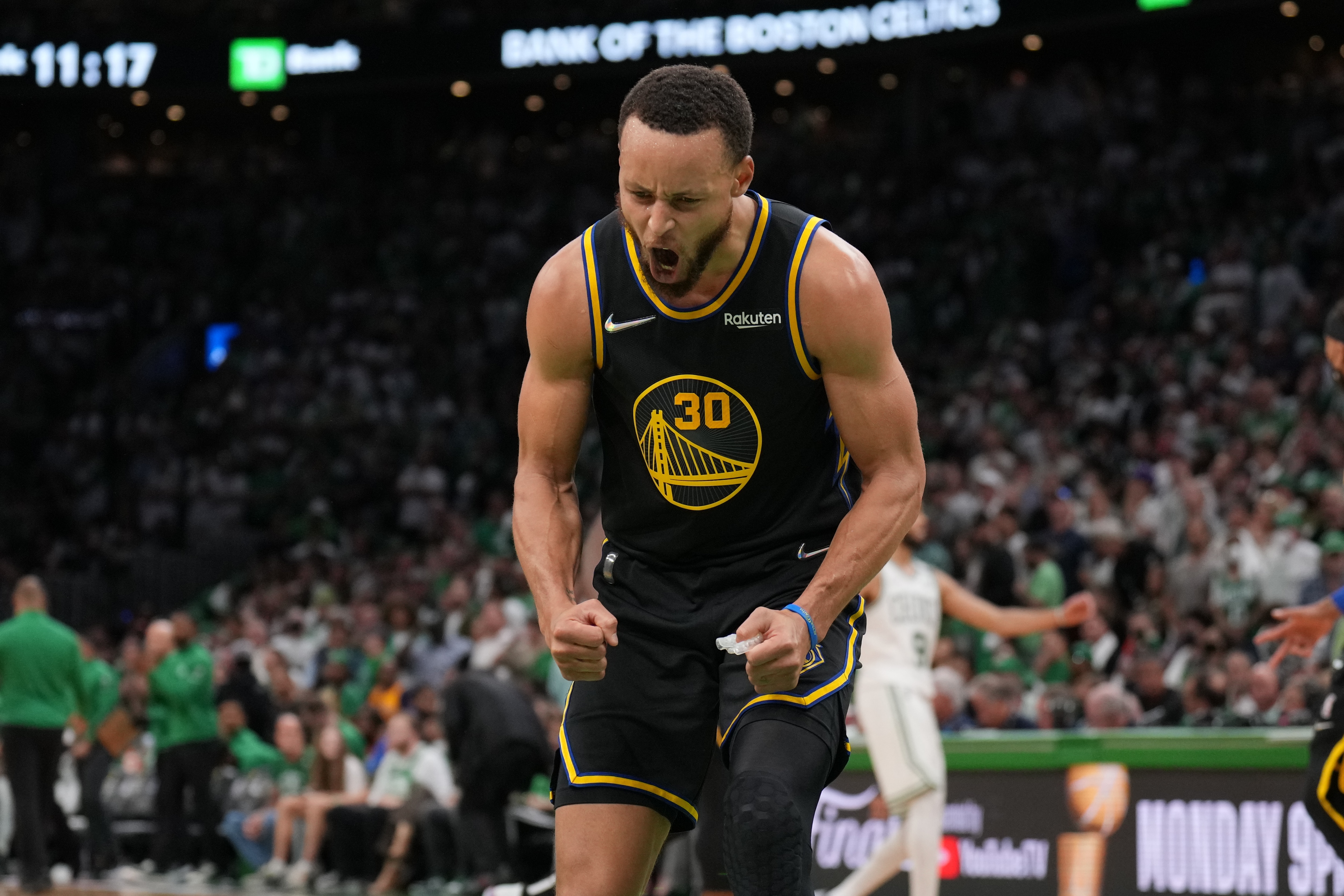 BOSTON, MA - JUNE 10: Stephen Curry #30 of the Golden State Warriors celebrates during Game Four of the 2022 NBA Finals on June 10, 2022 at TD Garden in Boston, Massachusetts. NOTE TO USER: User expressly acknowledges and agrees that, by downloading and or using this photograph, user is consenting to the terms and conditions of Getty Images License Agreement. Mandatory Copyright Notice: Copyright 2022 NBAE (Photo by Jesse D. GarrabrantNBAE via Getty Images)