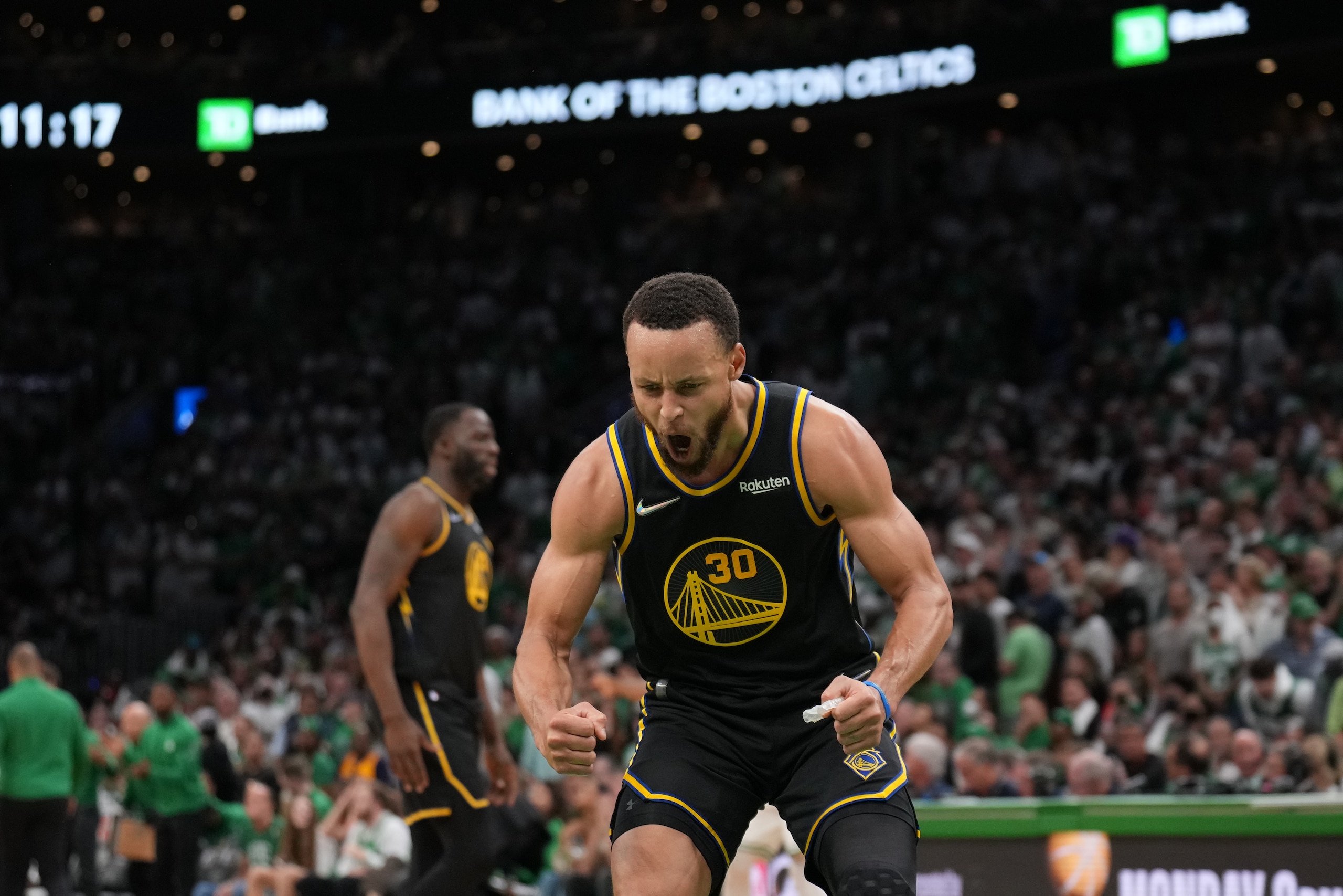 BOSTON, MA - JUNE 10: Stephen Curry #30 of the Golden State Warriors celebrates during Game Four of the 2022 NBA Finals on June 10, 2022 at TD Garden in Boston, Massachusetts. NOTE TO USER: User expressly acknowledges and agrees that, by downloading and or using this photograph, user is consenting to the terms and conditions of Getty Images License Agreement. Mandatory Copyright Notice: Copyright 2022 NBAE (Photo by Jesse D. GarrabrantNBAE via Getty Images)