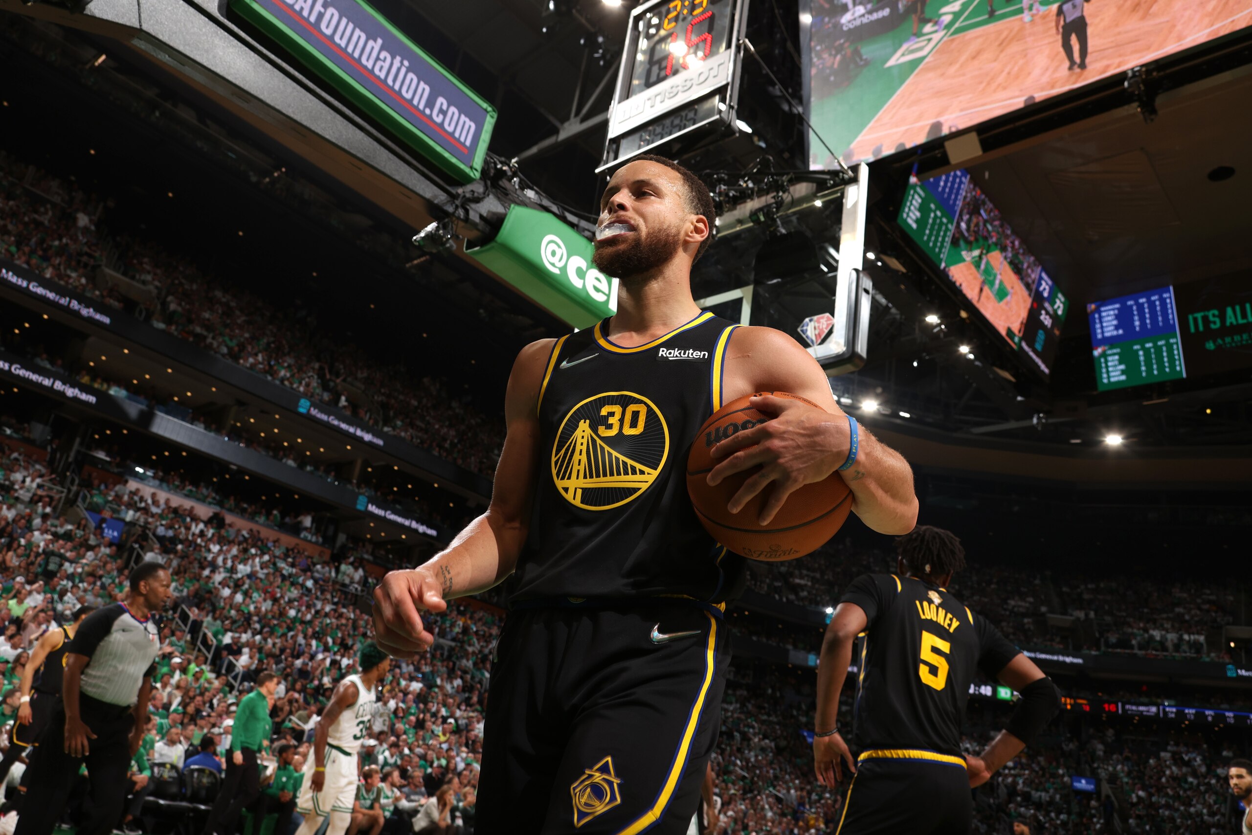BOSTON, MA - JUNE 10: Stephen Curry #30 of the Golden State Warriors looks on against the Boston Celtics during Game Four of the 2022 NBA Finals on June 10, 2022 at TD Garden in Boston, Massachusetts. NOTE TO USER: User expressly acknowledges and agrees that, by downloading and or using this photograph, user is consenting to the terms and conditions of Getty Images License Agreement. Mandatory Copyright Notice: Copyright 2022 NBAE (Photo by Nathaniel S. Butler/NBAE via Getty Images)
