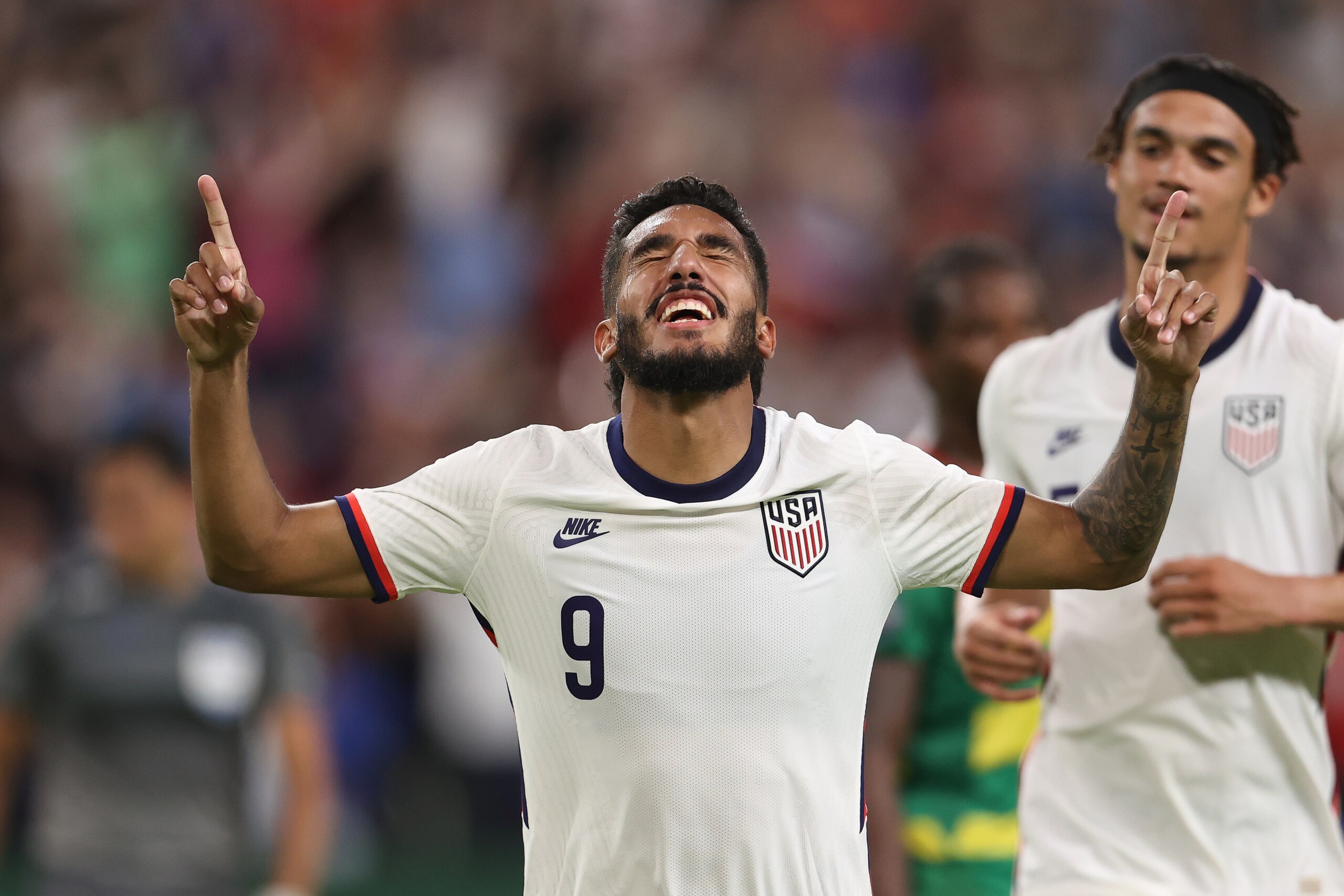 AUSTIN, TX - JUNE 10: Jesus Ferreira #9 of United States celebrates after scoring his team's first goal during CONCACAF Nations League match between Grenada and United States at Q2 Stadium on June 10, 2022 in Austin, Texas. (Photo by Omar Vega/Getty Images)
