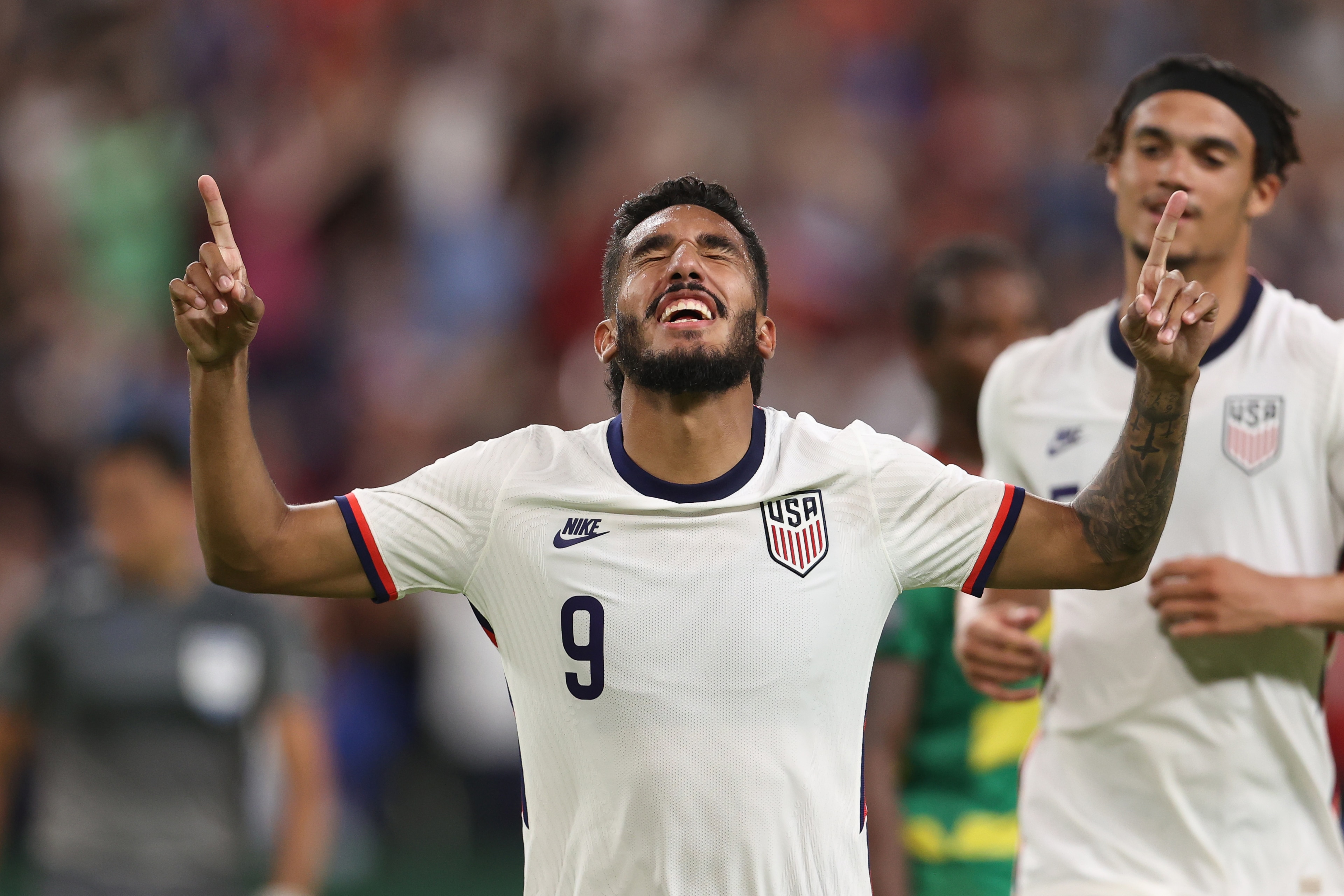 AUSTIN, TX - JUNE 10: Jesus Ferreira #9 of United States celebrates after scoring his team's first goal during CONCACAF Nations League match between Grenada and United States at Q2 Stadium on June 10, 2022 in Austin, Texas. (Photo by Omar Vega/Getty Images)