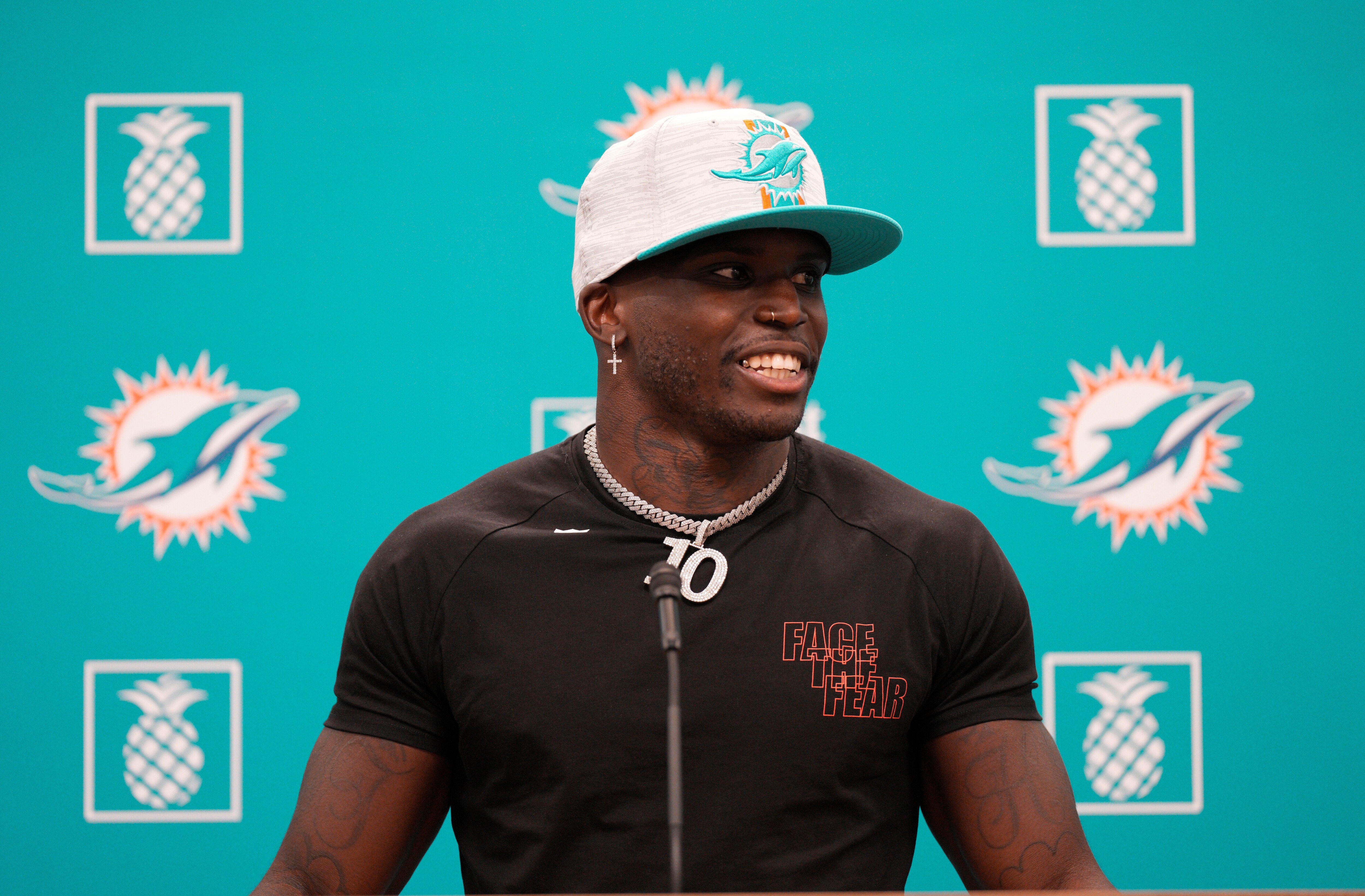 MIAMI GARDENS, FLORIDA - MARCH 24: Tyreek Hill speaks with the media after being introduced by the Miami Dolphins at Baptist Health Training Complex on March 24, 2022 in Miami Gardens, Florida. (Photo by Mark Brown/Getty Images)