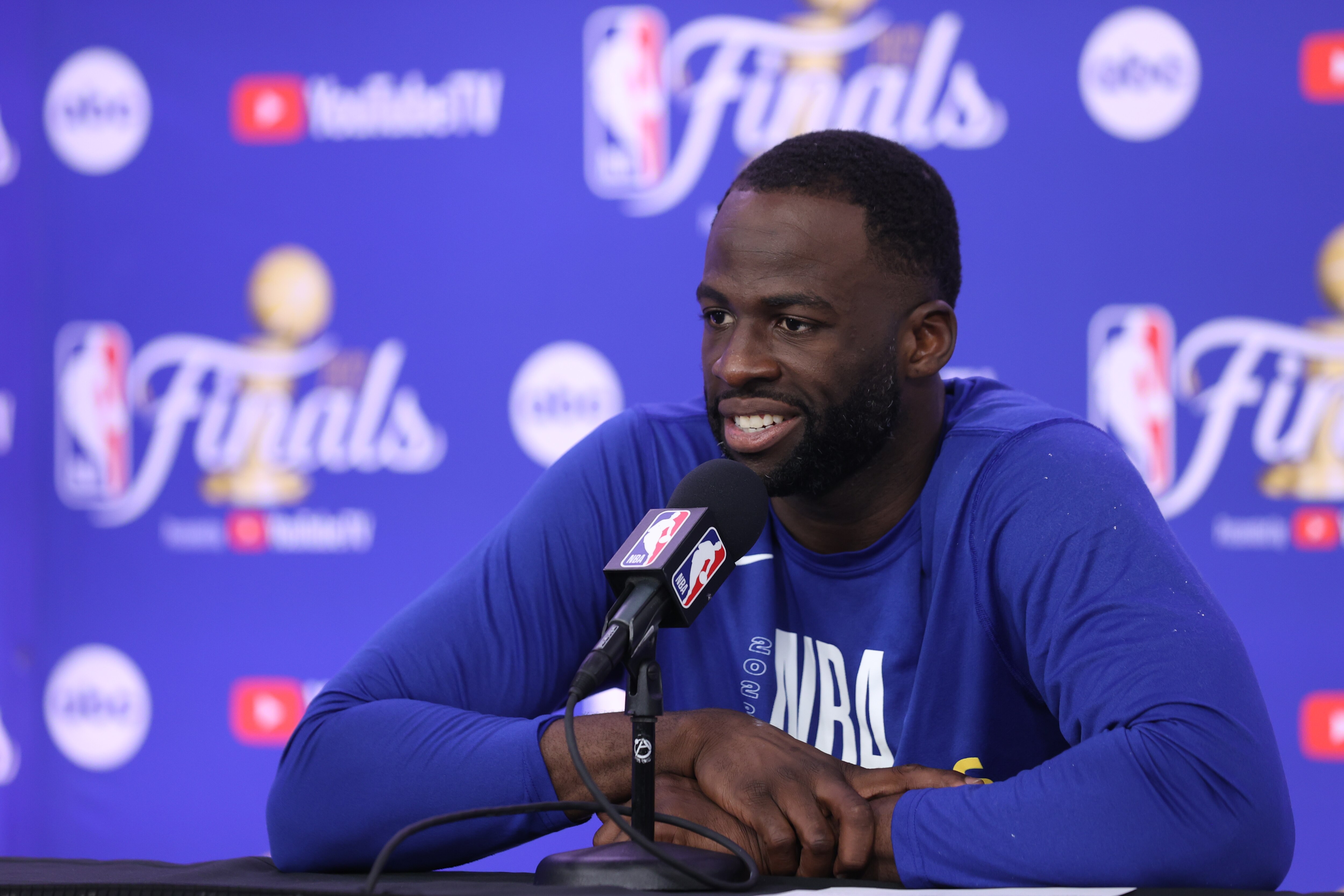 BOSTON, MA - JUNE 10: Draymond Green #23 of the Golden State Warriors talks to the media after Game Four of the 2022 NBA Finals against the Boston Celtics on June 10, 2022 at TD Garden in Boston, Massachusetts. NOTE TO USER: User expressly acknowledges and agrees that, by downloading and or using this photograph, user is consenting to the terms and conditions of Getty Images License Agreement. Mandatory Copyright Notice: Copyright 2022 NBAE (Photo by Joe Murphy/NBAE via Getty Images)