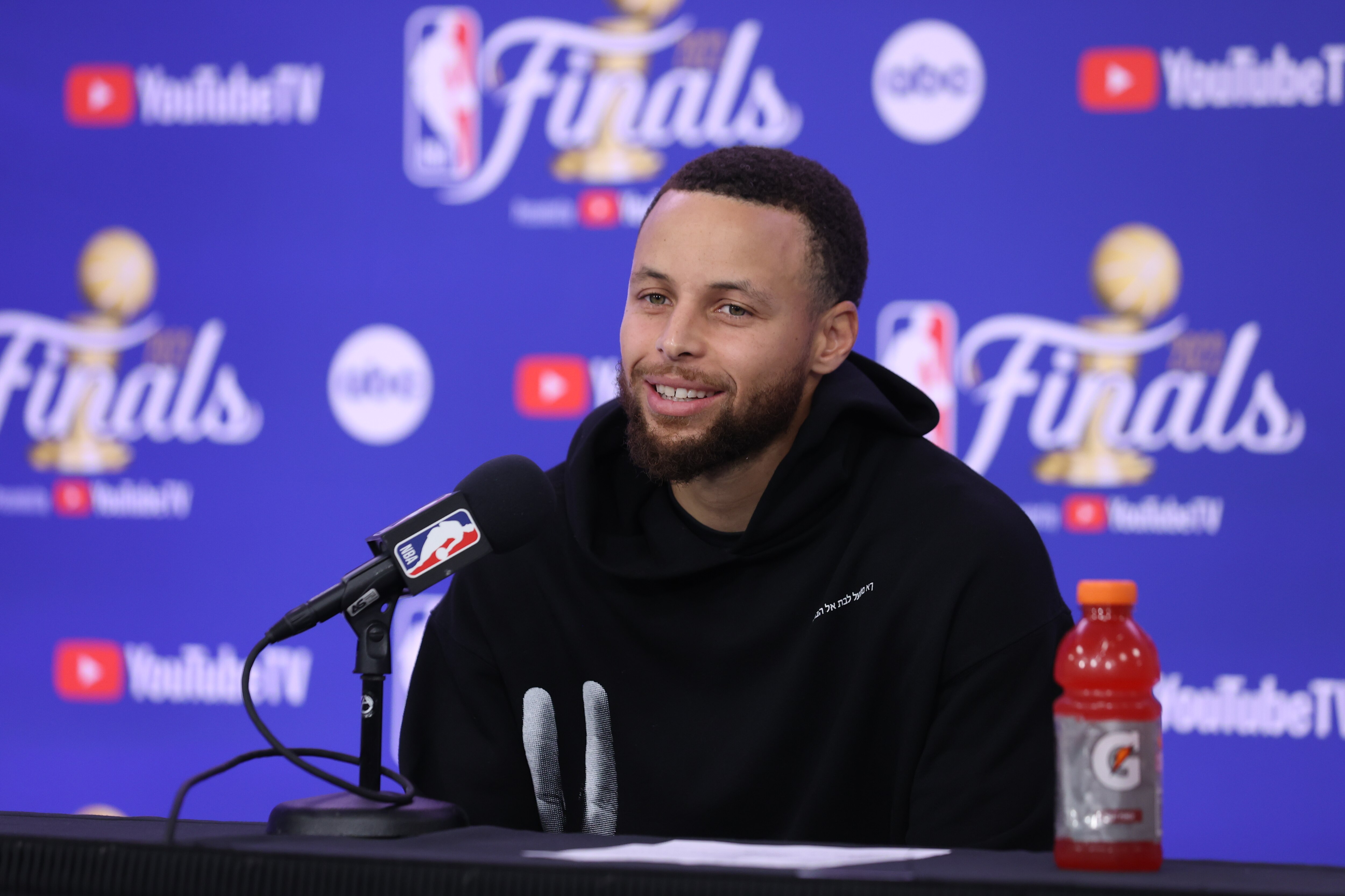 BOSTON, MA - JUNE 10: Stephen Curry #30 of the Golden State Warriors talks to the media after Game Four of the 2022 NBA Finals against the Boston Celtics on June 10, 2022 at TD Garden in Boston, Massachusetts. NOTE TO USER: User expressly acknowledges and agrees that, by downloading and or using this photograph, user is consenting to the terms and conditions of Getty Images License Agreement. Mandatory Copyright Notice: Copyright 2022 NBAE (Photo by Joe Murphy/NBAE via Getty Images)