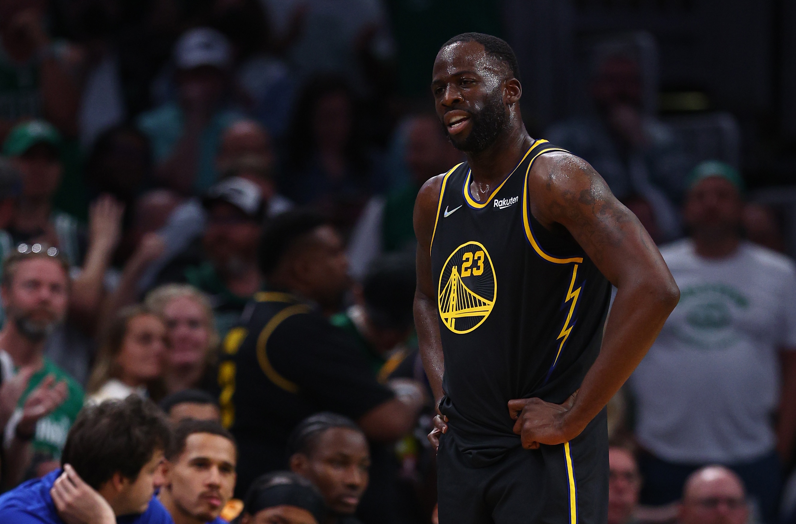 BOSTON, MASSACHUSETTS - JUNE 10: Draymond Green #23 of the Golden State Warriors looks on in the third quarter against the Boston Celtics during Game Four of the 2022 NBA Finals at TD Garden on June 10, 2022 in Boston, Massachusetts. NOTE TO USER: User expressly acknowledges and agrees that, by downloading and/or using this photograph, User is consenting to the terms and conditions of the Getty Images License Agreement. (Photo by Elsa/Getty Images)