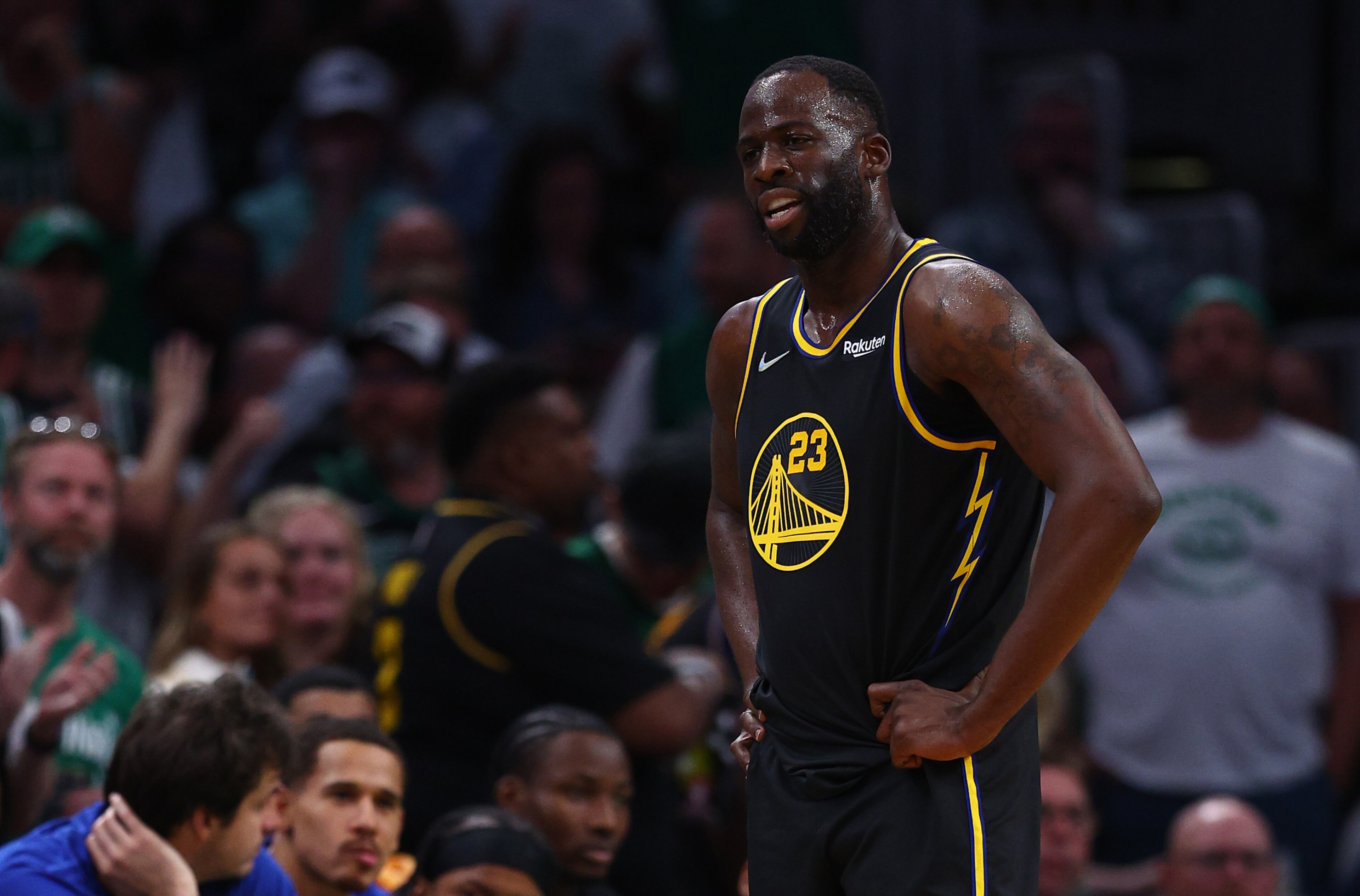 BOSTON, MASSACHUSETTS - JUNE 10: Draymond Green #23 of the Golden State Warriors looks on in the third quarter against the Boston Celtics during Game Four of the 2022 NBA Finals at TD Garden on June 10, 2022 in Boston, Massachusetts. NOTE TO USER: User expressly acknowledges and agrees that, by downloading and/or using this photograph, User is consenting to the terms and conditions of the Getty Images License Agreement. (Photo by Elsa/Getty Images) BOSTON, MASSACHUSETTS - JUNE 10: Draymond Green #23 of the Golden State Warriors looks on in the third quarter against the Boston Celtics during Game Four of the 2022 NBA Finals at TD Garden on June 10, 2022 in Boston, Massachusetts. NOTE TO USER: User expressly acknowledges and agrees that, by downloading and/or using this photograph, User is consenting to the terms and conditions of the Getty Images License Agreement. (Photo by Elsa/Getty Images)