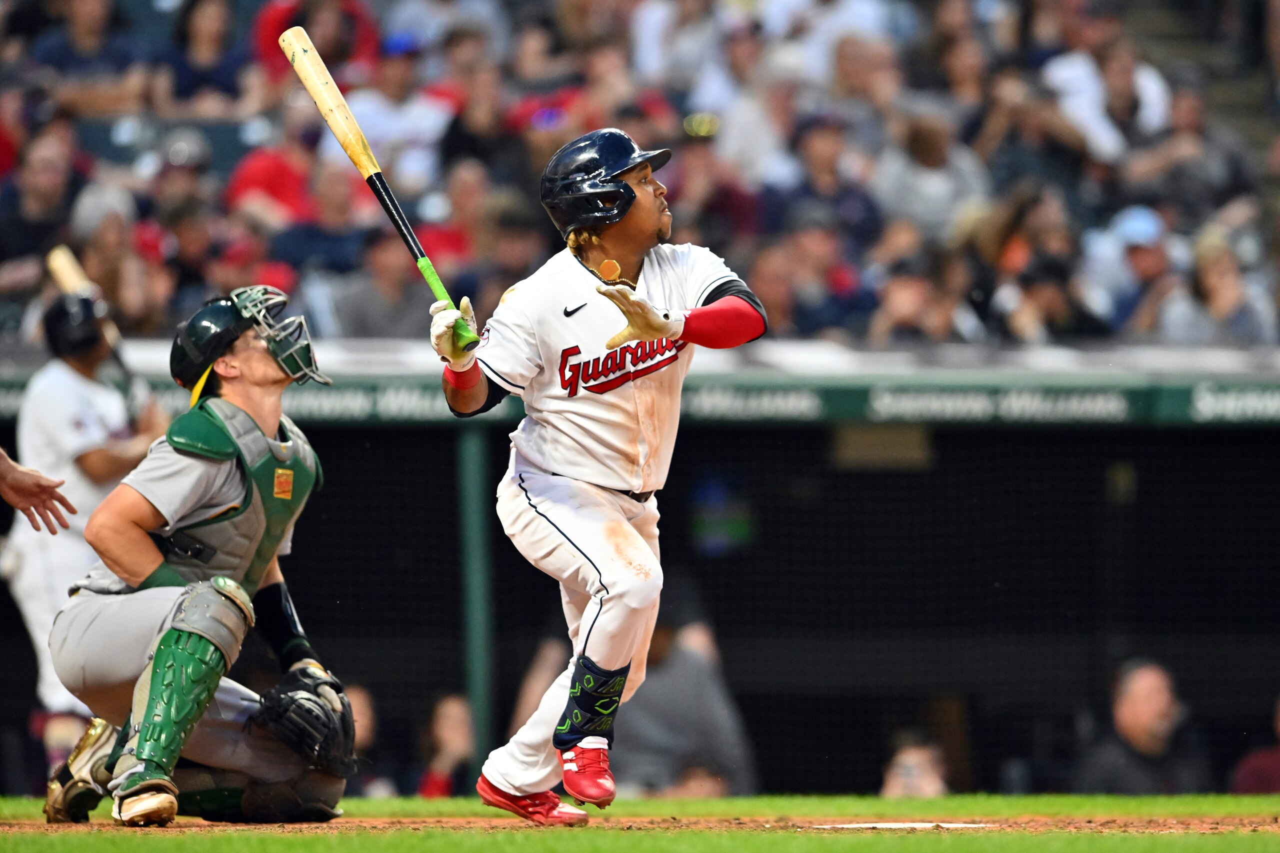 CLEVELAND, OHIO - JUNE 10: Jose Ramirez #11 of the Cleveland Guardians hits a double during the sixth inning against the Oakland Athletics at Progressive Field on June 10, 2022 in Cleveland, Ohio. (Photo by Jason Miller/Getty Images) CLEVELAND, OHIO - JUNE 10: Jose Ramirez #11 of the Cleveland Guardians hits a double during the sixth inning against the Oakland Athletics at Progressive Field on June 10, 2022 in Cleveland, Ohio. (Photo by Jason Miller/Getty Images)