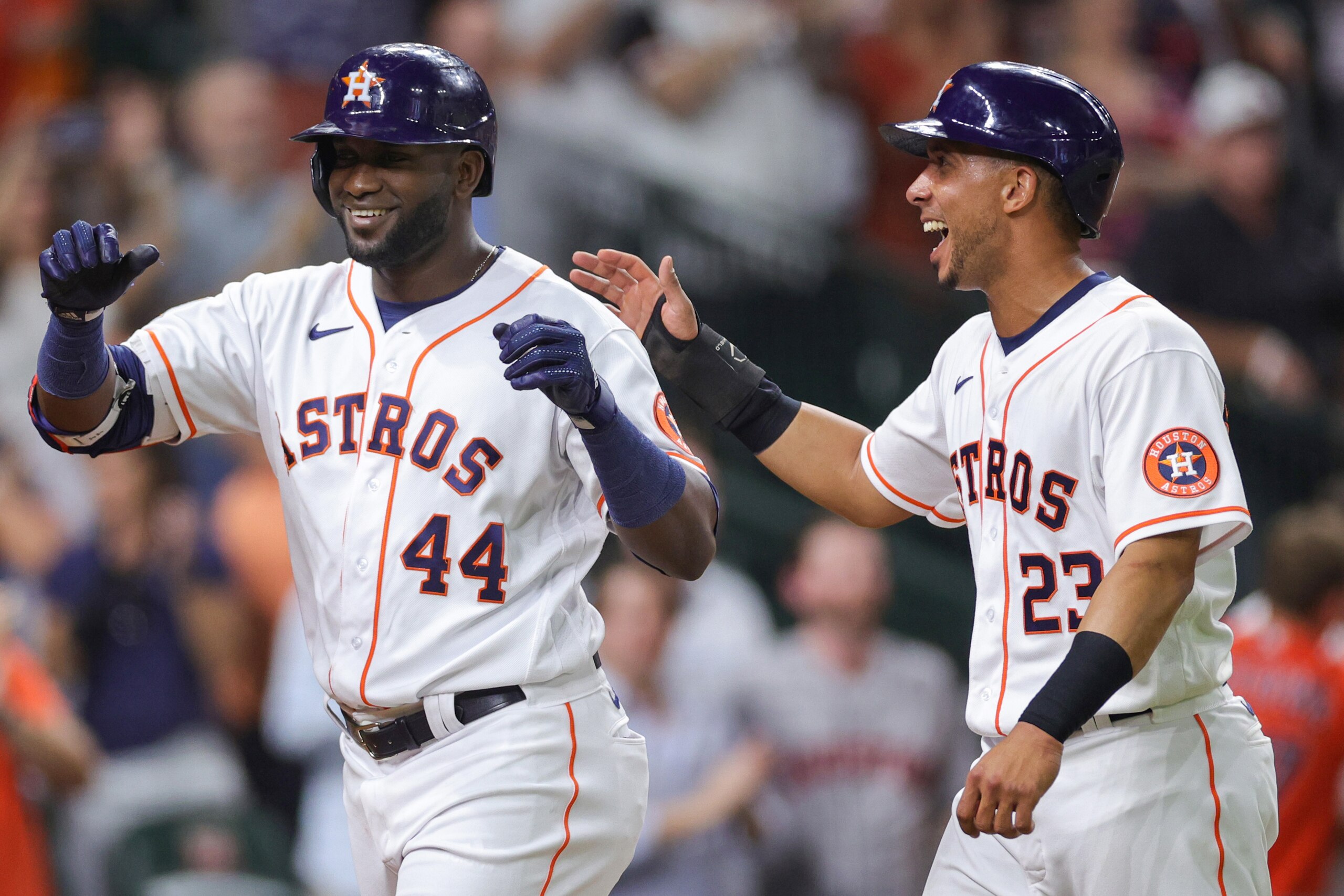 HOUSTON, TEXAS - JUNE 07: Yordan Alvarez #44 of the Houston Astros celebrates with Michael Brantley #23 after hitting a two run home during the eighth inning against the Seattle Mariners at Minute Maid Park on June 07, 2022 in Houston, Texas. (Photo by Carmen Mandato/Getty Images) HOUSTON, TEXAS - JUNE 07: Yordan Alvarez #44 of the Houston Astros celebrates with Michael Brantley #23 after hitting a two run home during the eighth inning against the Seattle Mariners at Minute Maid Park on June 07, 2022 in Houston, Texas. (Photo by Carmen Mandato/Getty Images)