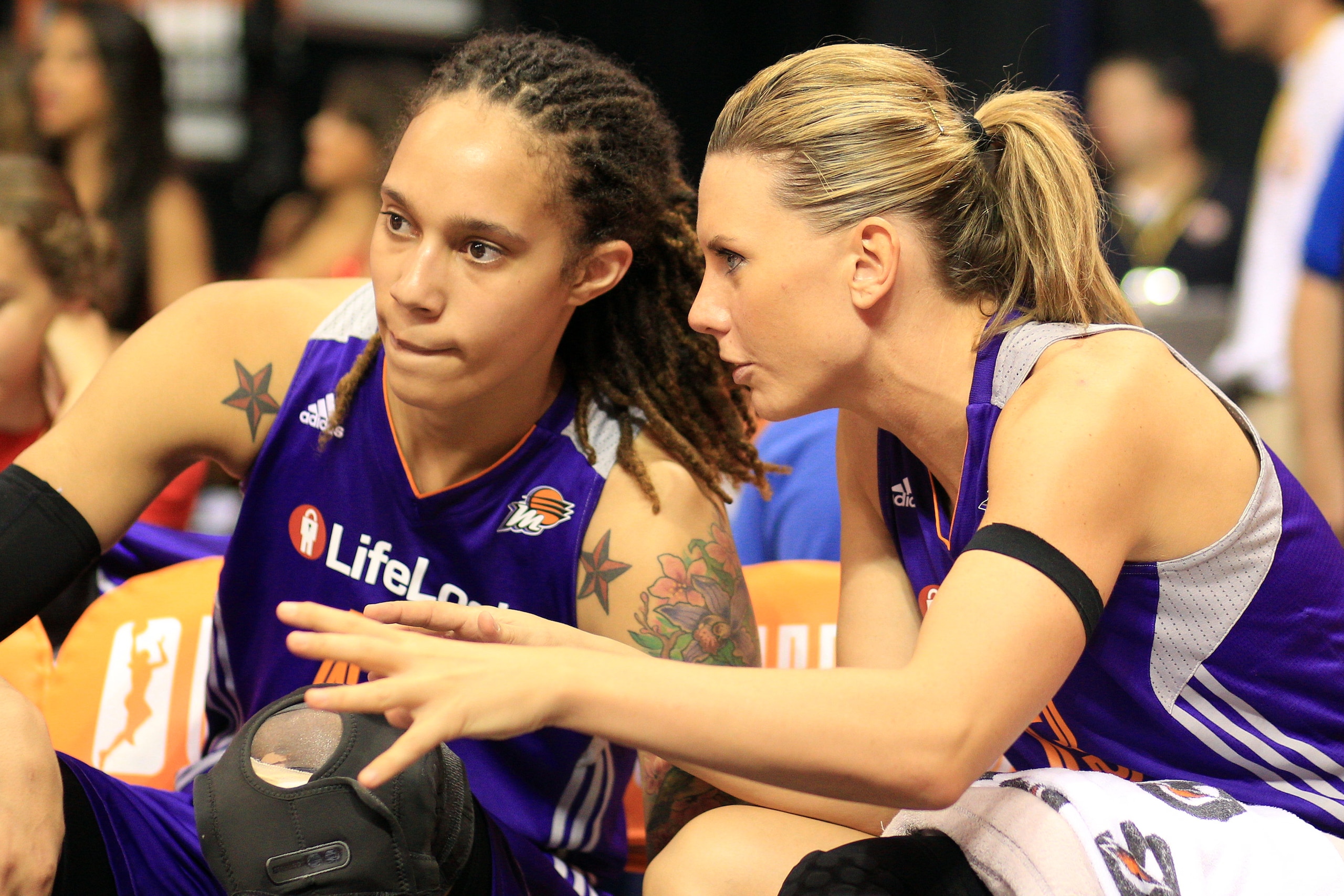 Brittney Griner, Phoenix Mercury gets advice on the bench from team mate Penny Taylor during the Connecticut Sun V Phoenix Mercury, WNBA regular season game at Mohegan Sun Arena, Uncasville, Connecticut, USA. 29th June 2013. Photo Tim Clayton (Photo by Tim Clayton/Corbis via Getty Images)