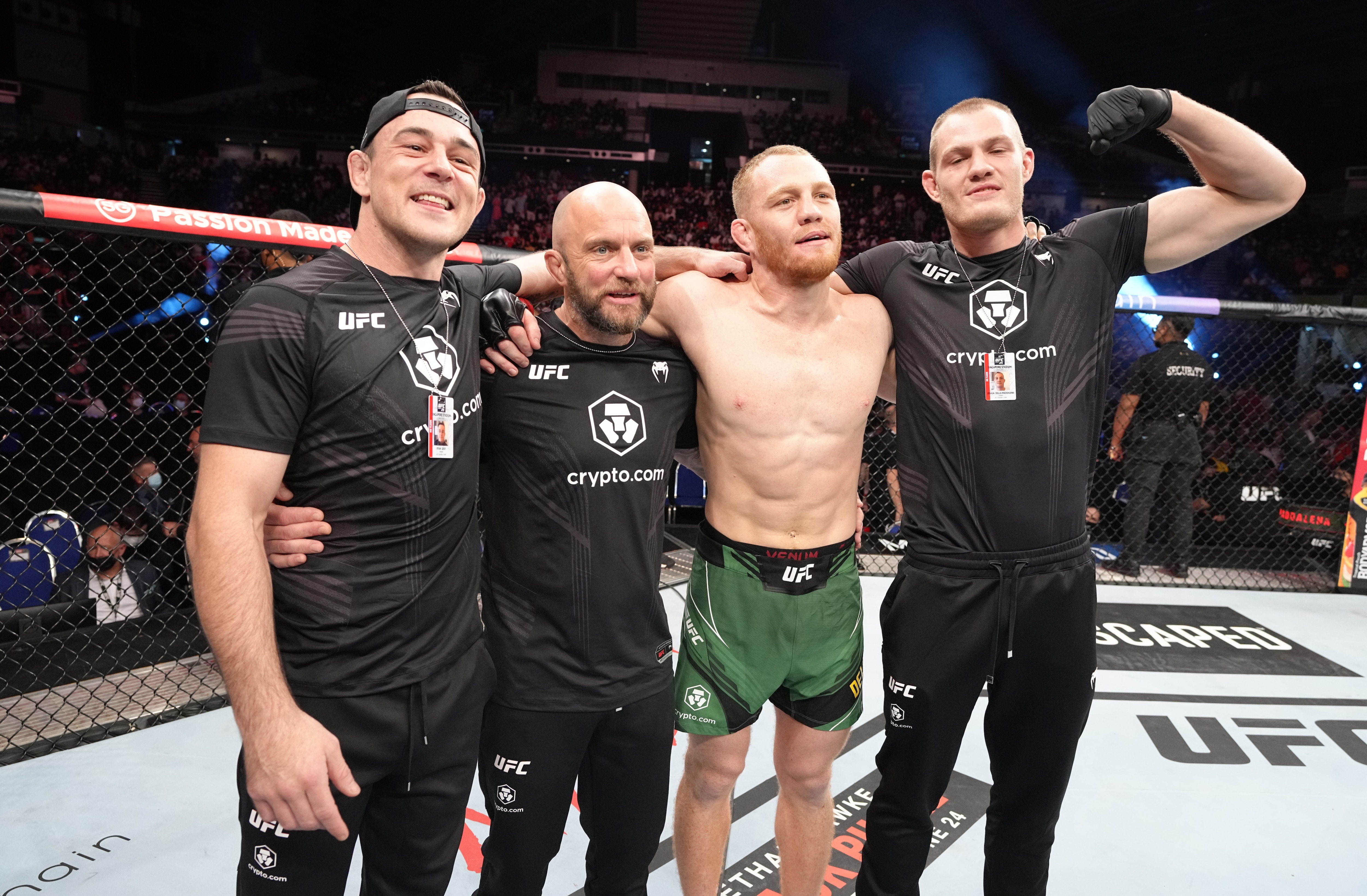 SINGAPORE, SINGAPORE - JUNE 12: Jack Della Maddalena of Australia celebrates after his TKO victory over Ramazan Emeev of Russia in a welterweight fight during the UFC 275 event at Singapore Indoor Stadium on June 12, 2022 in Singapore. (Photo by Jeff Bottari/Zuffa LLC)