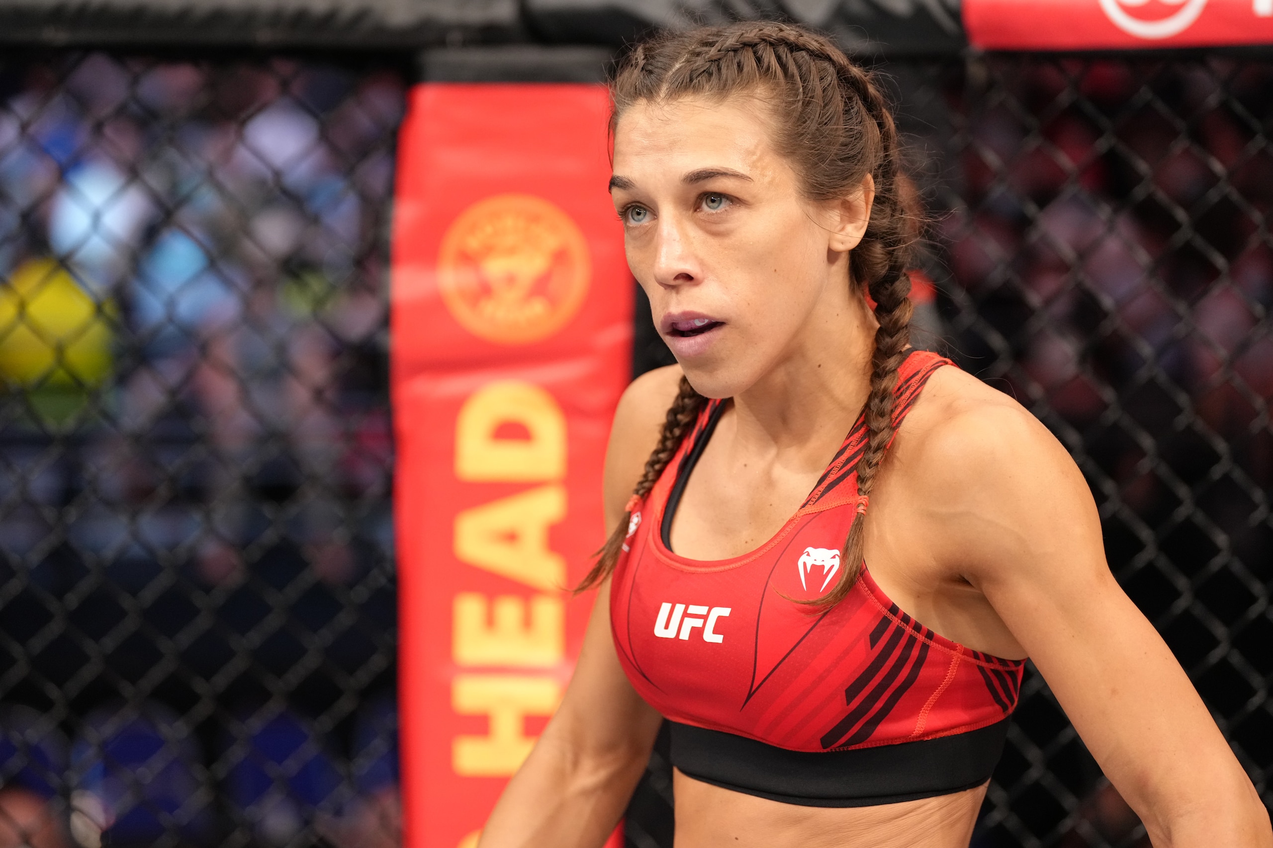 SINGAPORE, SINGAPORE - JUNE 12: Joanna Jedrzejczyk of Poland prepares to fight Zhang Weili of China in a flyweight fight during the UFC 275 event at Singapore Indoor Stadium on June 12, 2022 in Singapore. (Photo by Jeff Bottari/Zuffa LLC)