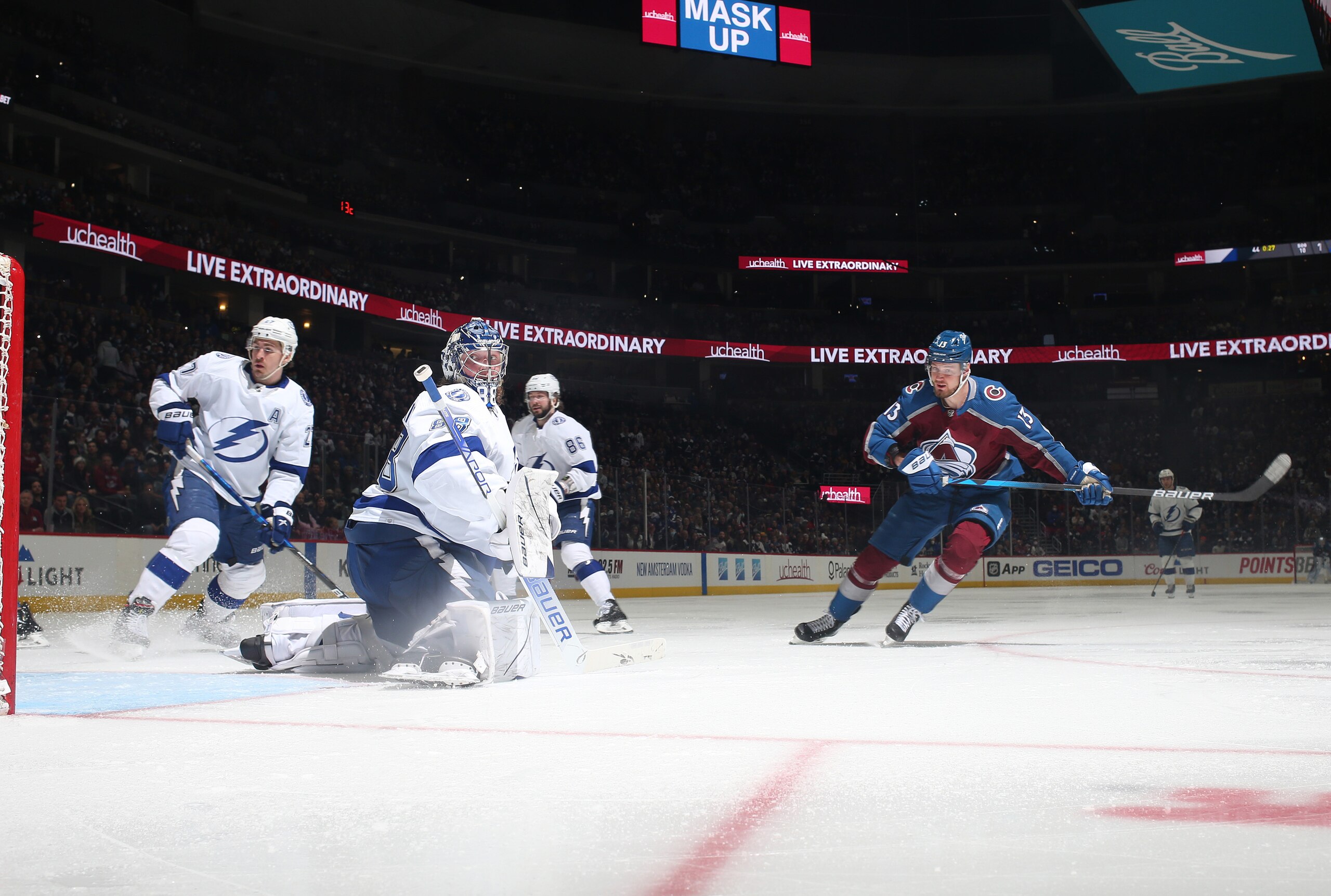 DENVER, COLORADO - FEBRUARY 10: Valeri Nichushkin #13 of the Colorado Avalanche scores against goaltender Andrei Vasilevskiy #88 the Tampa Bay Lightning at Ball Arena on February 10, 2022 in Denver, Colorado. The Avalanche defeated the Lightning 3-2. (Photo by Michael Martin/NHLI via Getty Images)